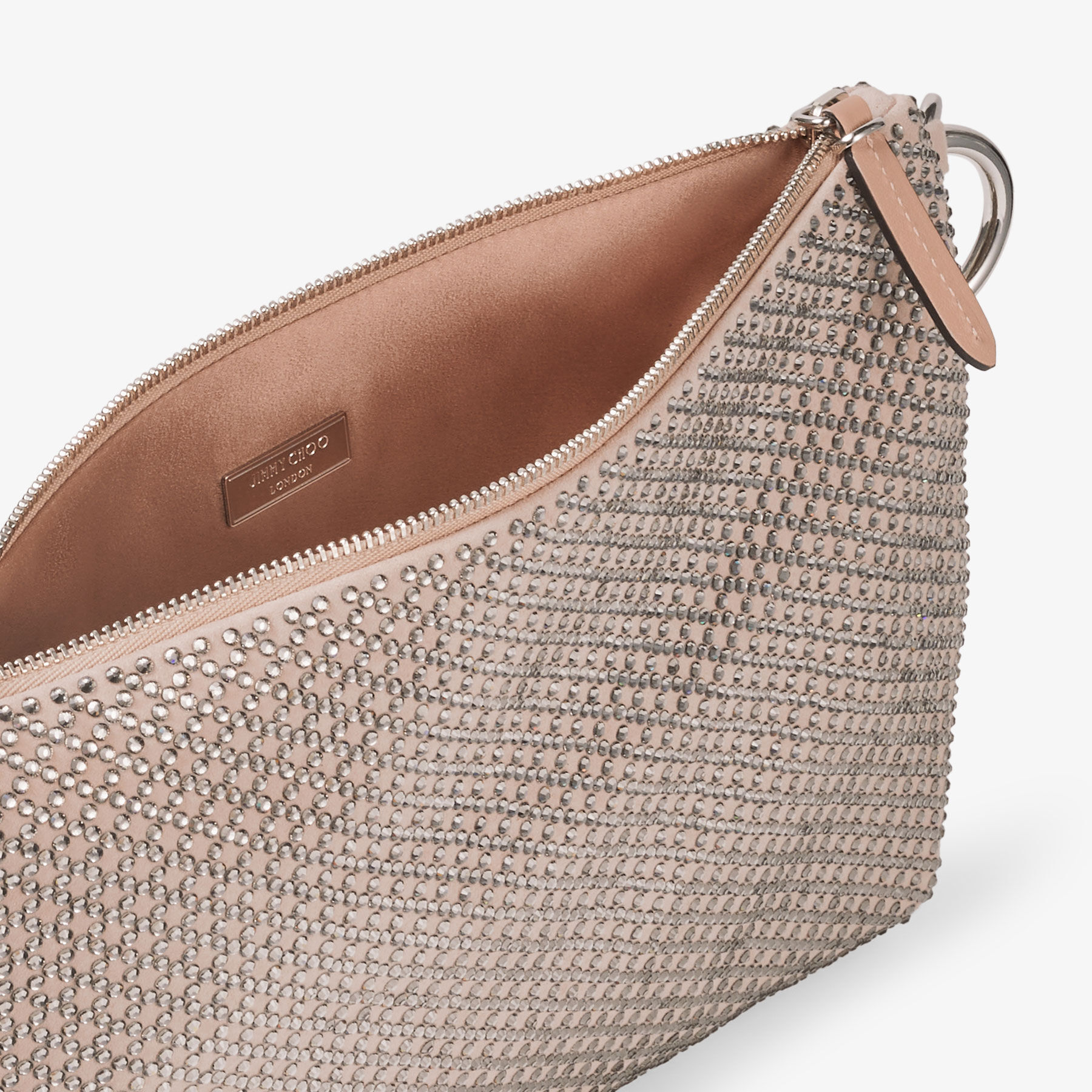 Ballet Pink Suede Clutch Bag with Diamond Motif and Crystal Hotfix CALLIE Pre Fall 19 JIMMY CHOO CA