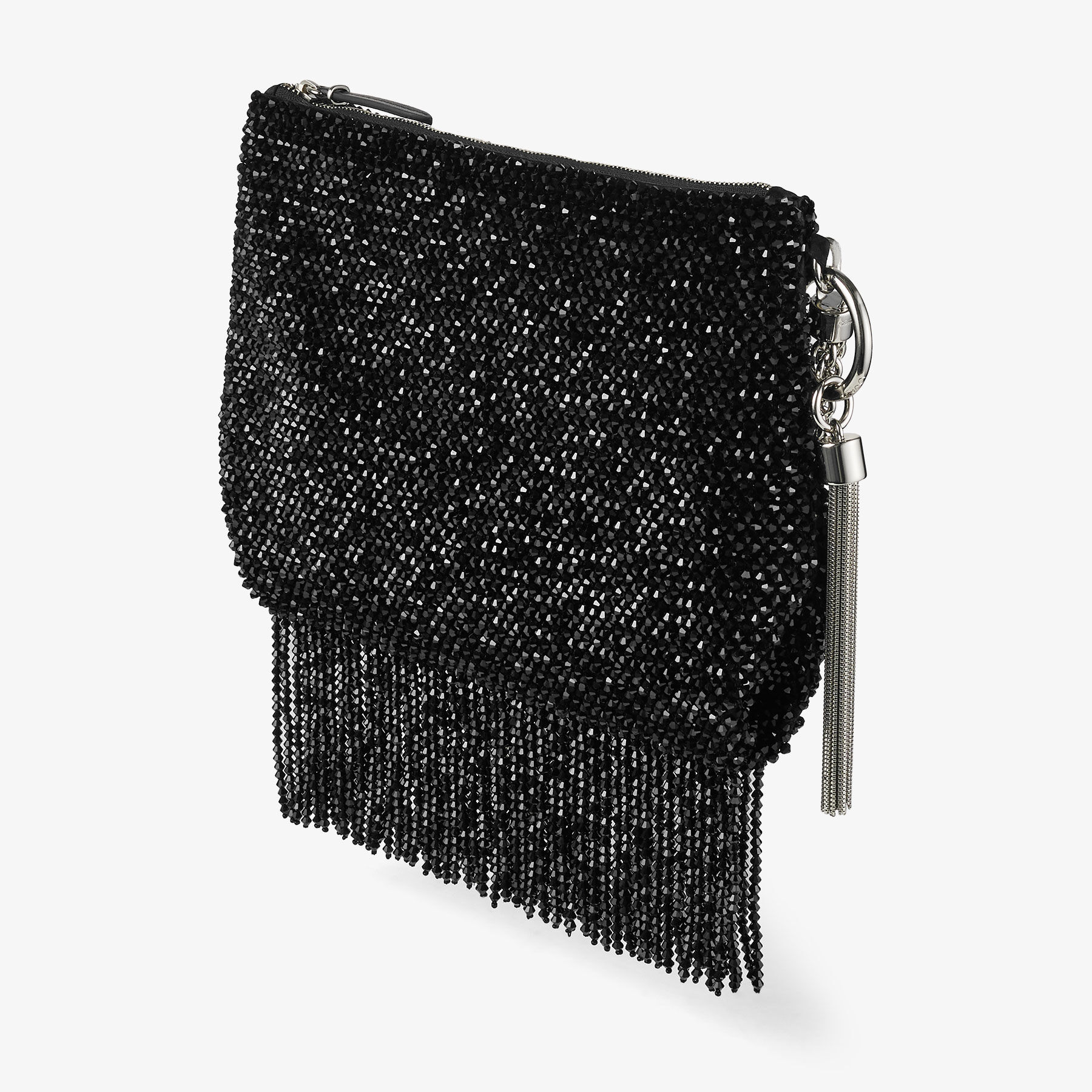 CALLIE SHOULDER Black Satin Shoulder Bag with Crystal Fringe