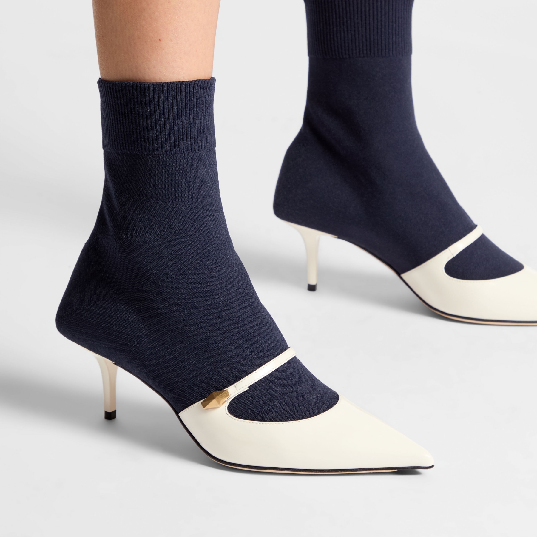 Carolyn Ankle Boot 60 Latte Navy Leather Knit Ankle Boots JIMMY CHOO