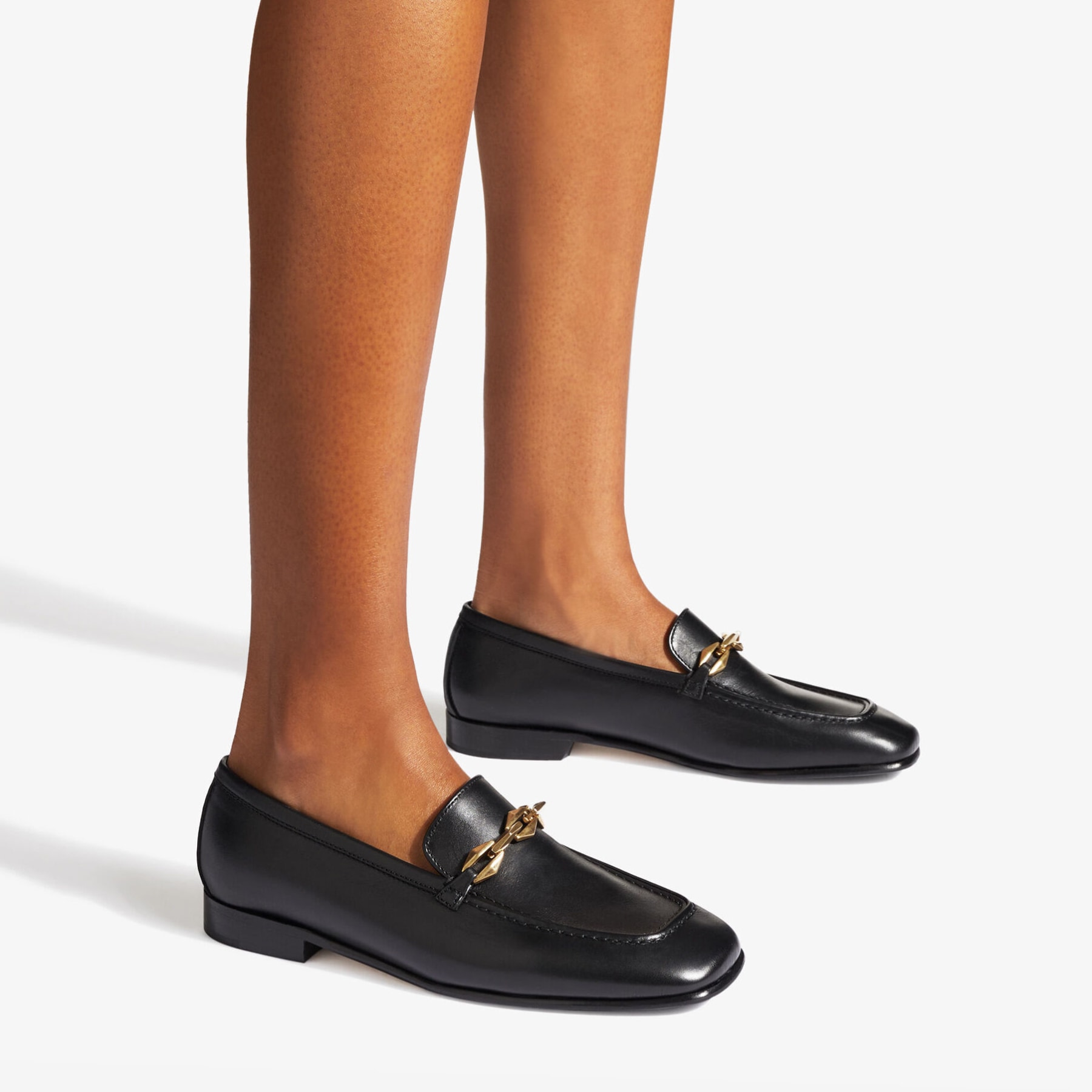 DIAMOND TILDA LOAFER | Black Calf Leather Loafers with Chain 