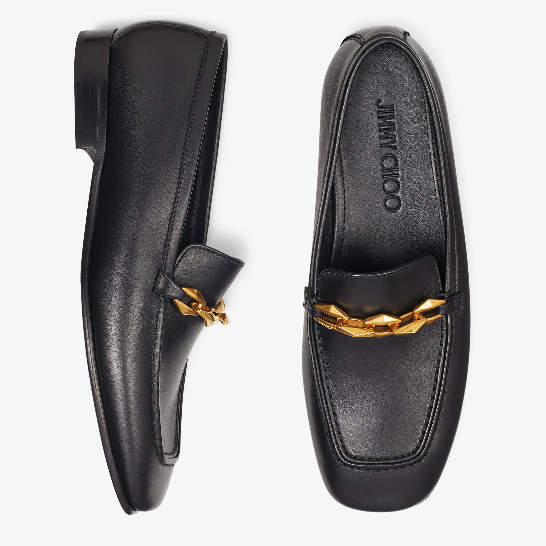 DIAMOND TILDA LOAFER | Black Calf Leather Loafers with Chain 