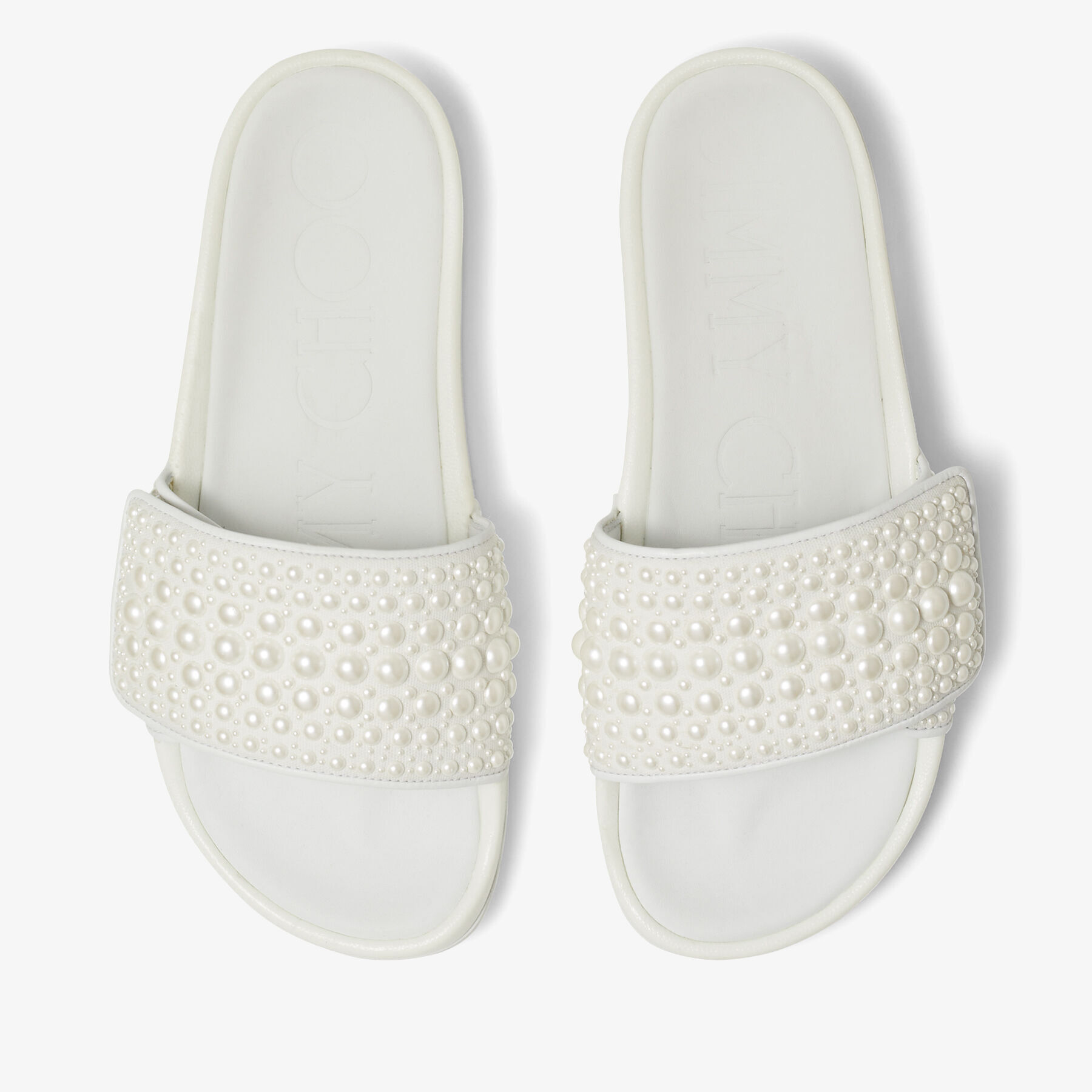 White Canvas and Leather Slides with Pearls | FITZ/F | High Summer 2021 | JIMMY  CHOO