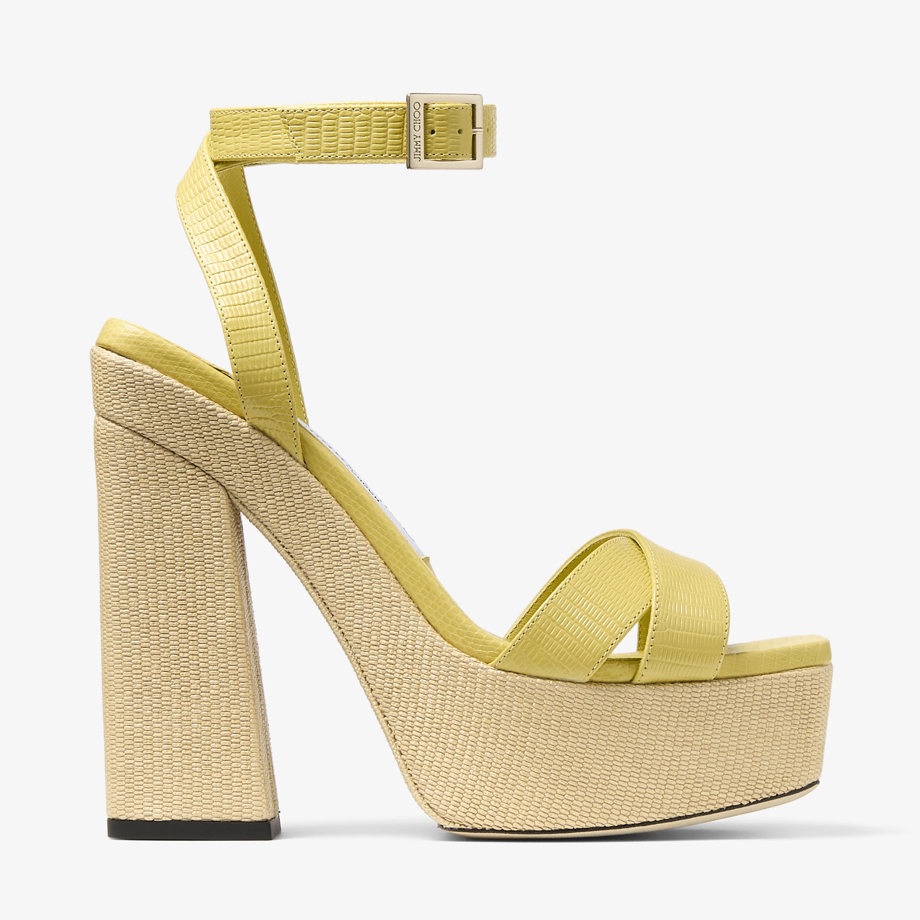 JIMMY CHOO Gaia 140 Yellow Lizard Printed Leather Platform Sandals Sunbleached Yellow Natural 36.5