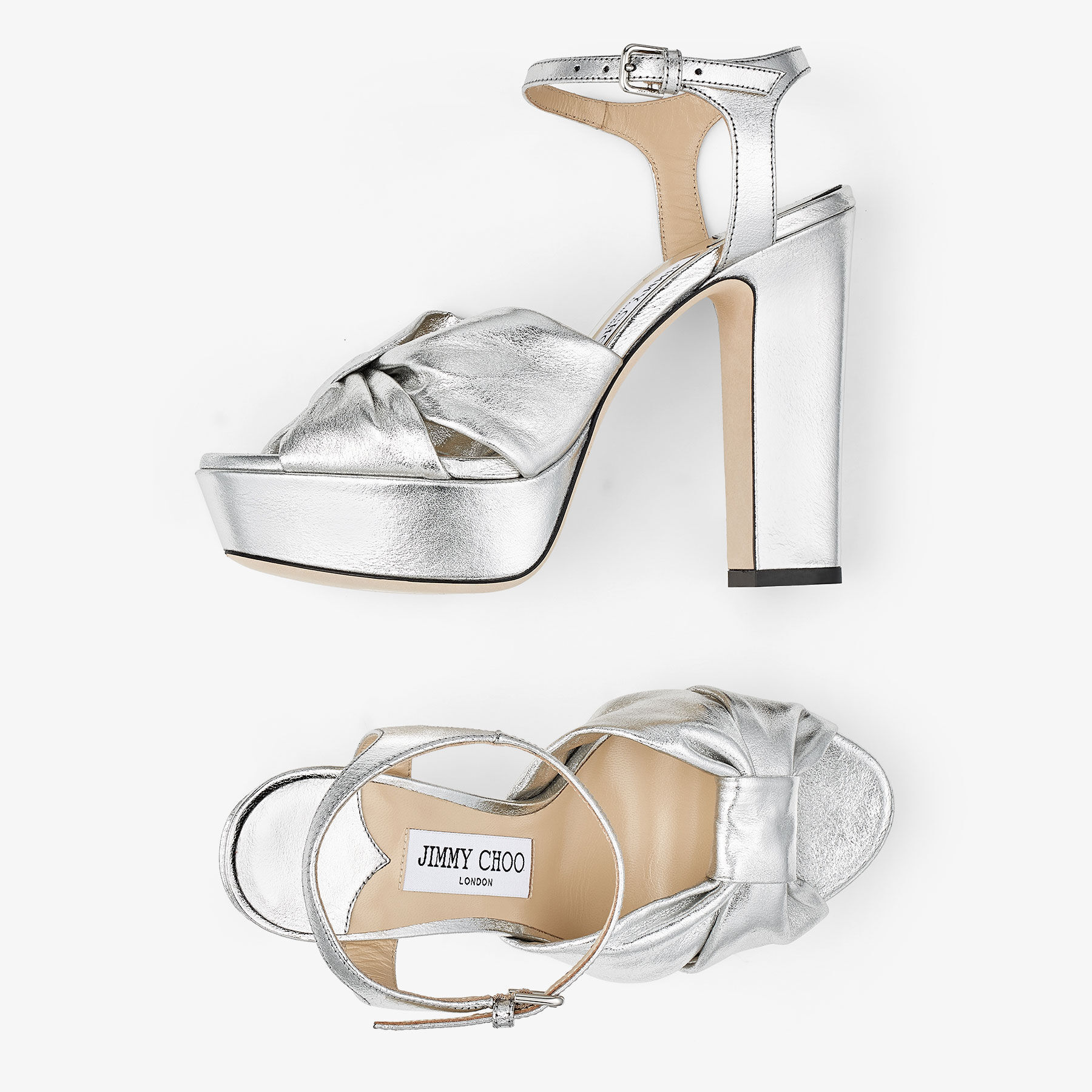 HELOISE 120 Silver Metallic Nappa Leather Platform Sandals JIMMY CHOO CA