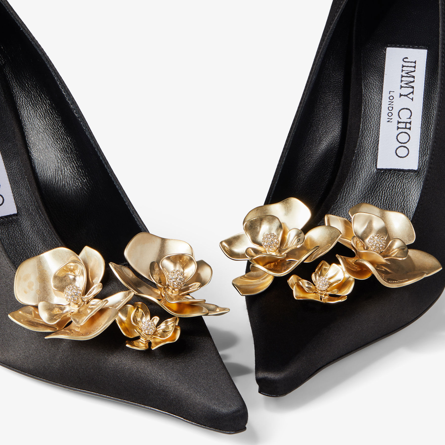 IXIA 95 | Black Satin Pumps with Flowers | New Collection | JIMMY CHOO