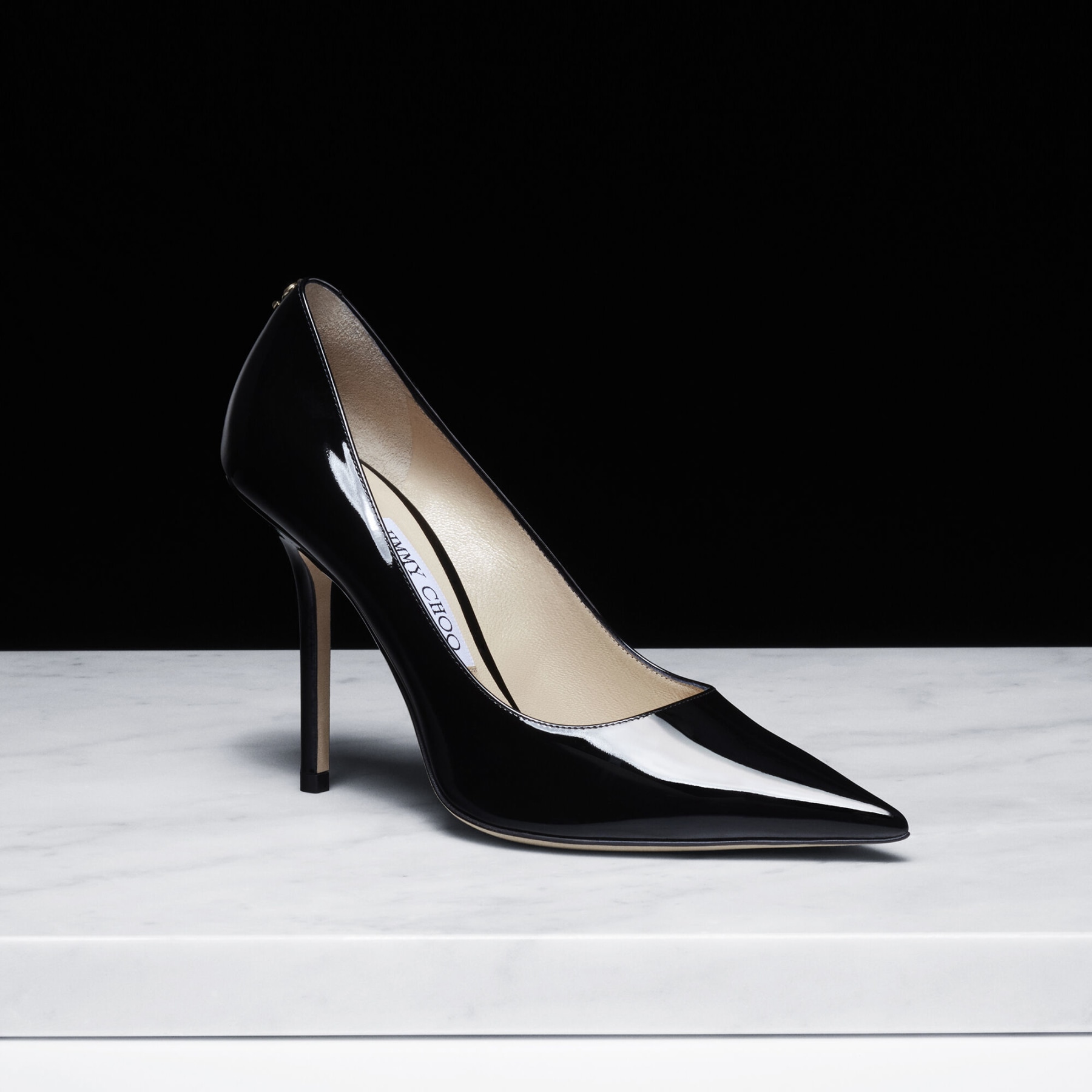 Black Patent Leather Pointed-Toe Pumps with JC Emblem | LOVE 100 ...