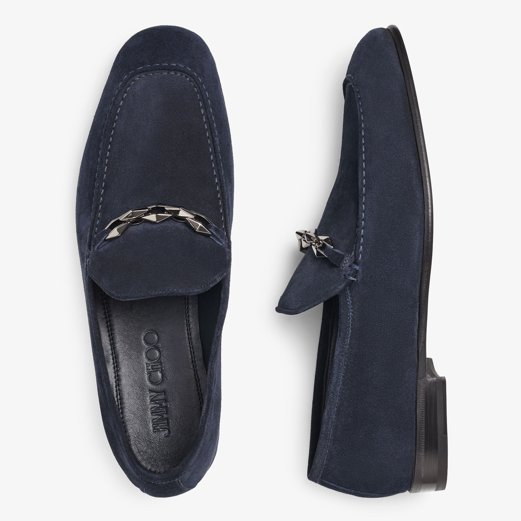 MARTI REVERSE | Navy Velvet Suede Loafers with Chain Embellishment 