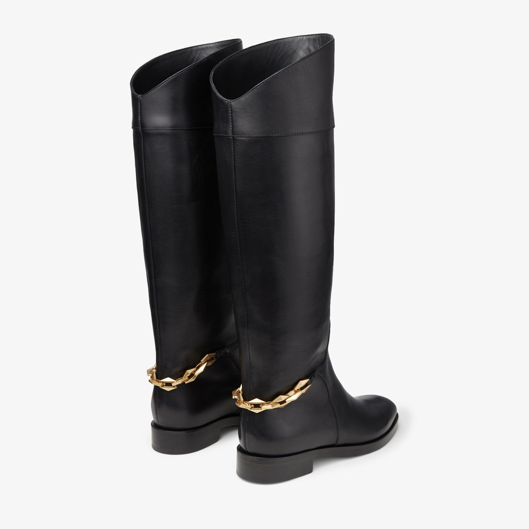NELL KB FLAT Black Soft Vachetta Knee High Boots with Chain