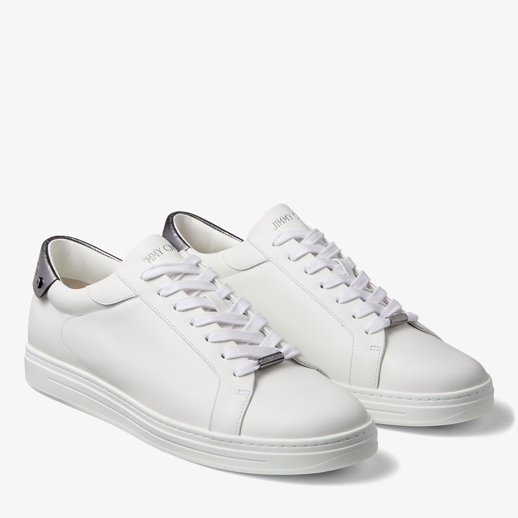 White Calf Leather and Gunmetal Metallic Nappa Low Top Trainers | | Spring 2022 | JIMMY CHOO