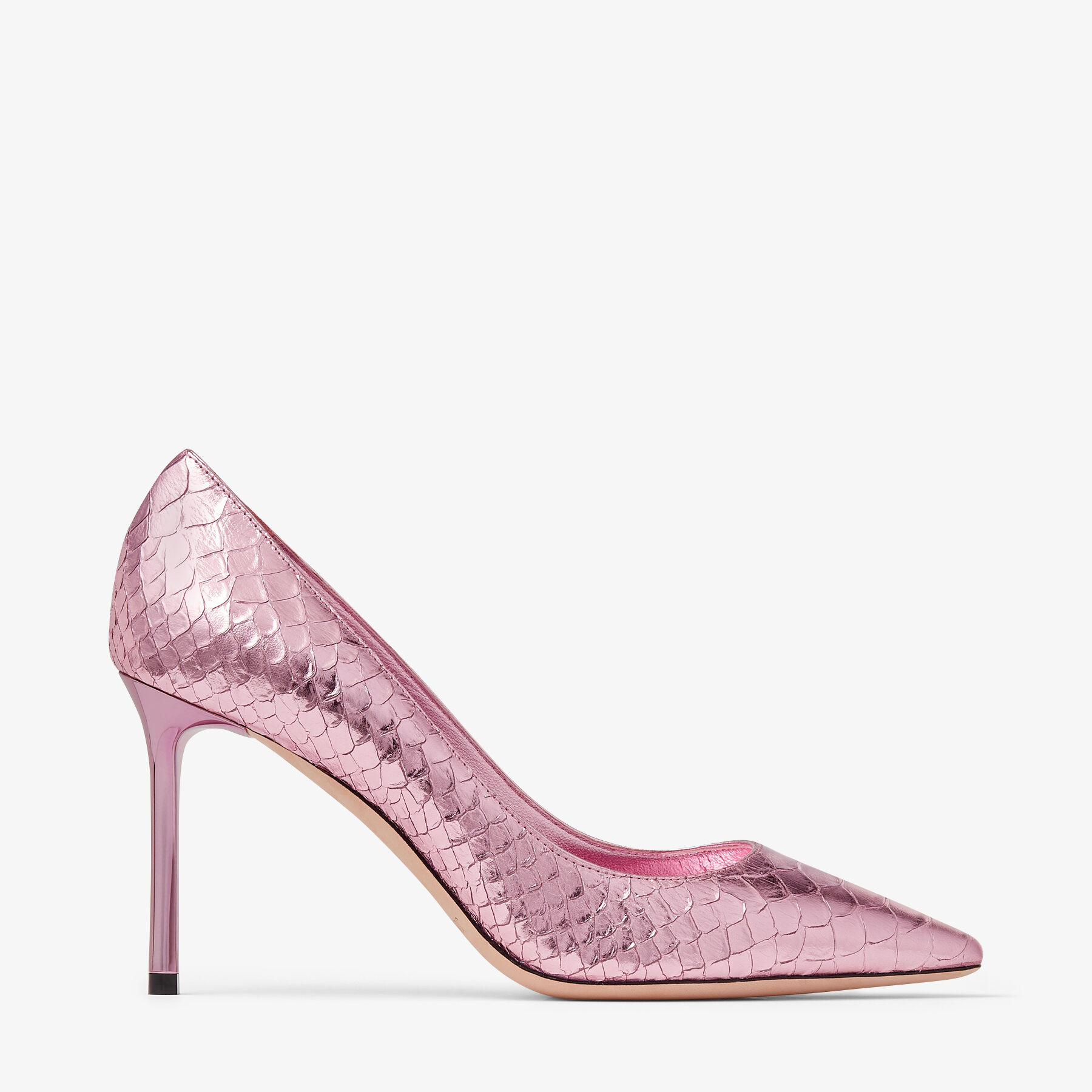 Romy 85 | Candy Pink Metallic Snake Printed Leather Pumps | JIMMY