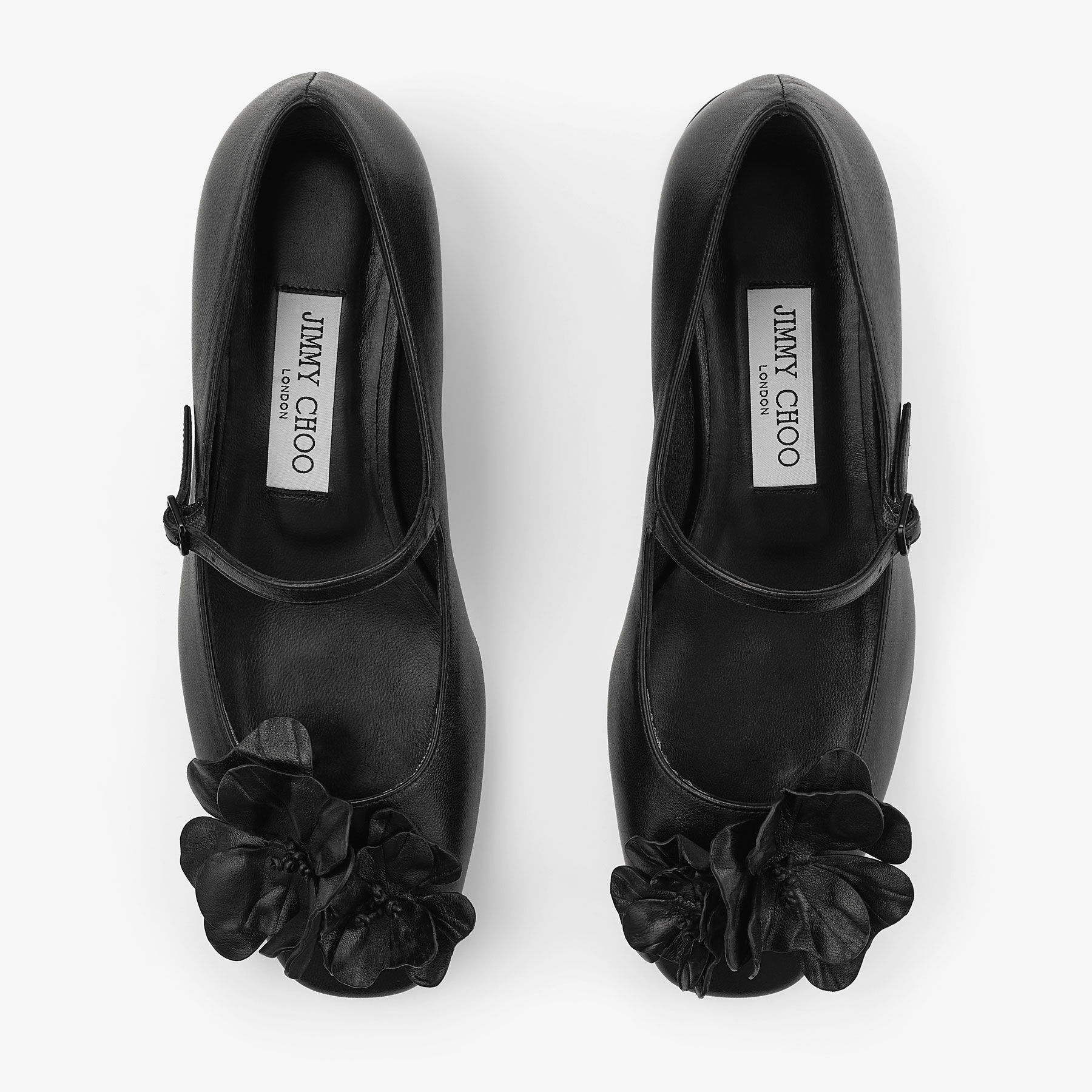 Rosa/Flowers Flat Black Nappa Leather Flats with Flowers New
