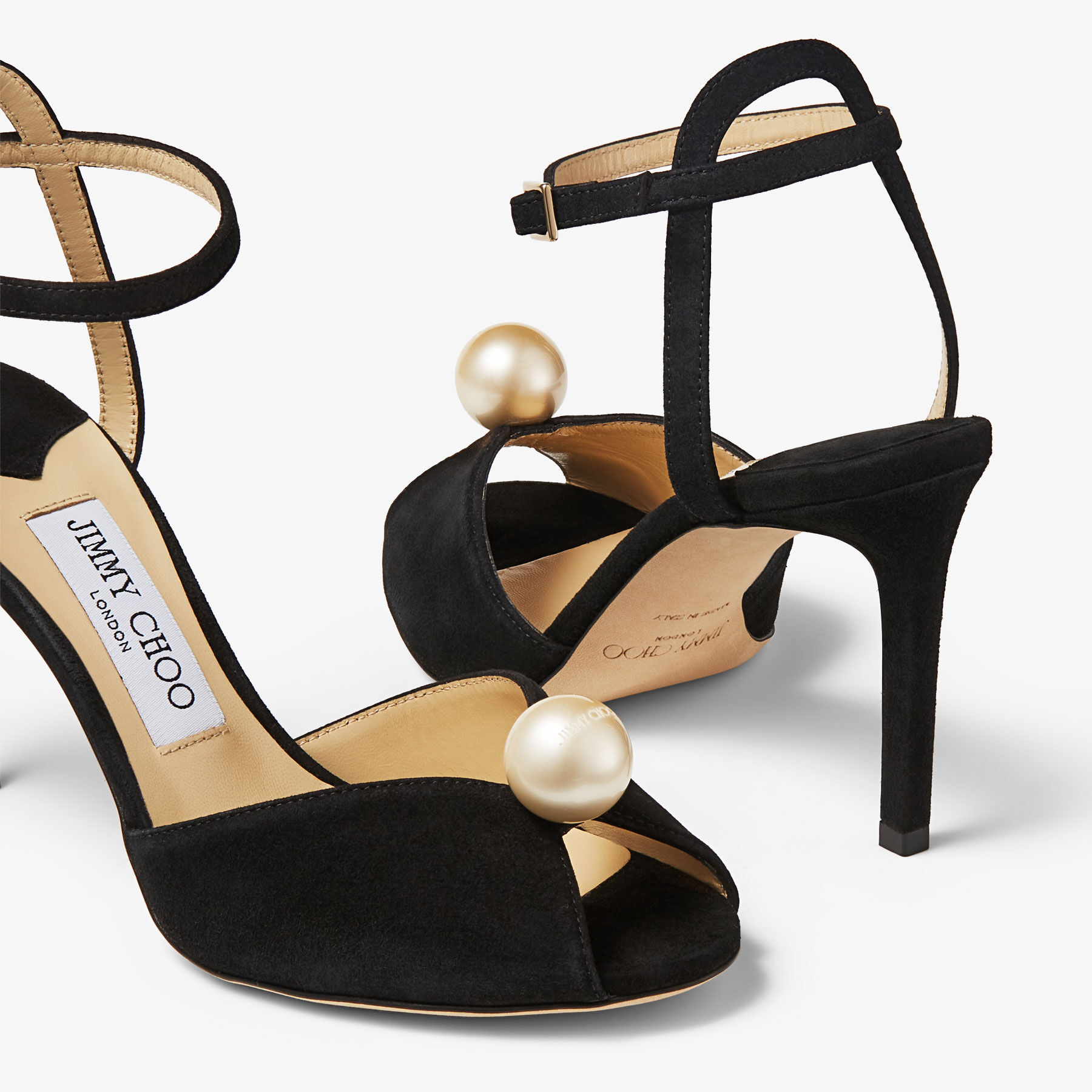 SACORA 85 Black Suede Sandals with Pearl Embellishment Summer