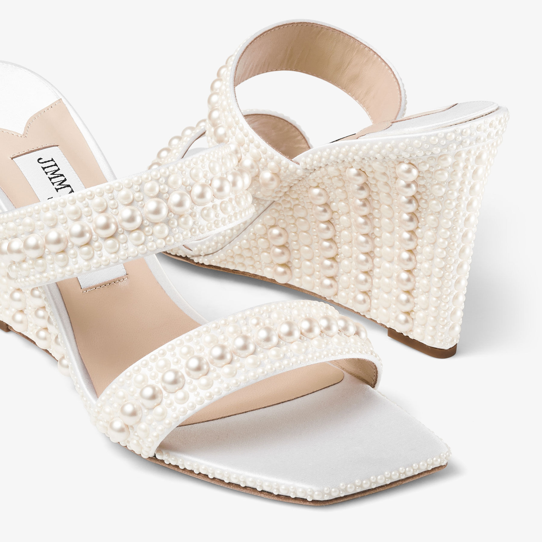 Sacoria 85 White Satin Wedge Sandals with All Over Pearls