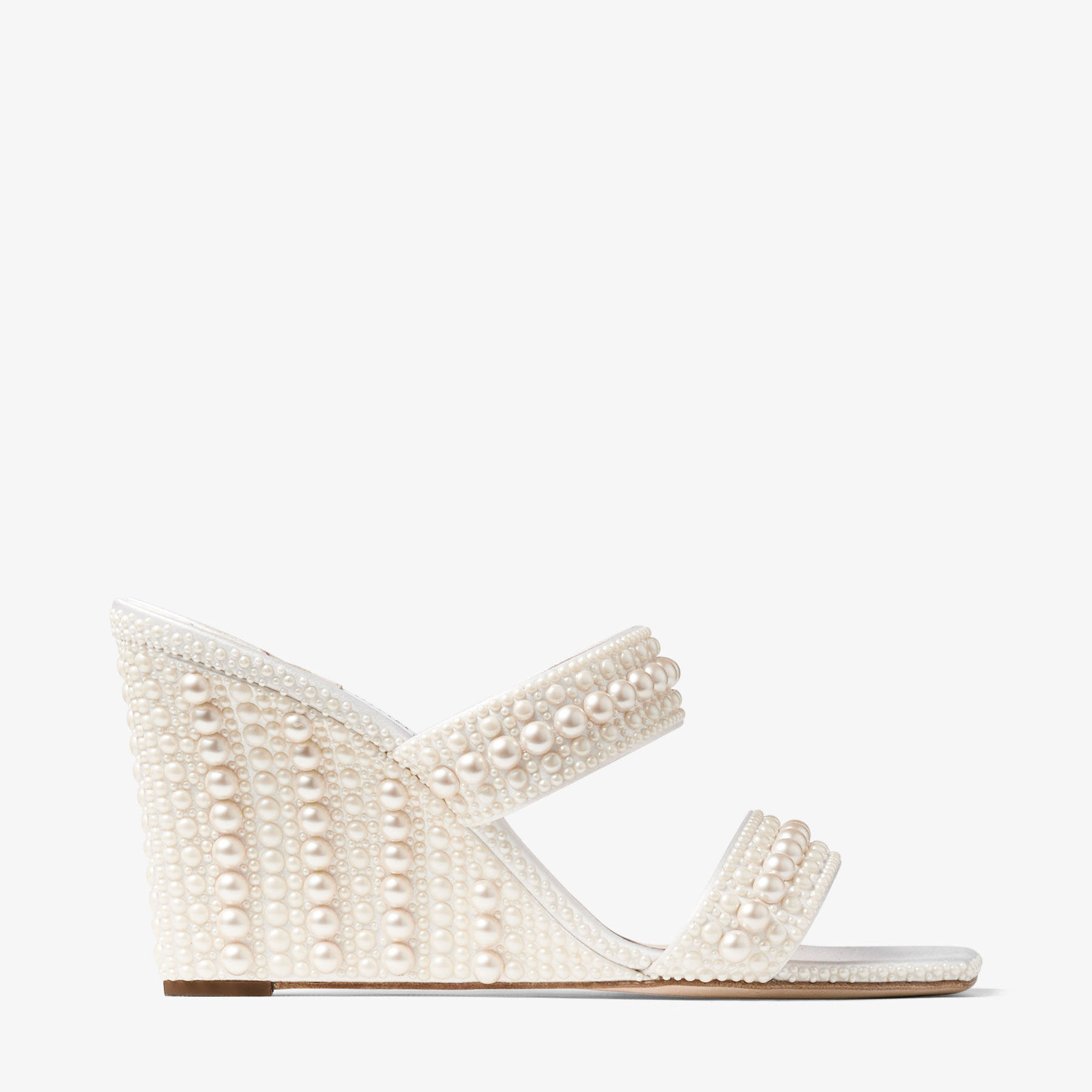 Sacoria 85 White Satin Wedge Sandals with All Over Pearls New Collection JIMMY CHOO CA
