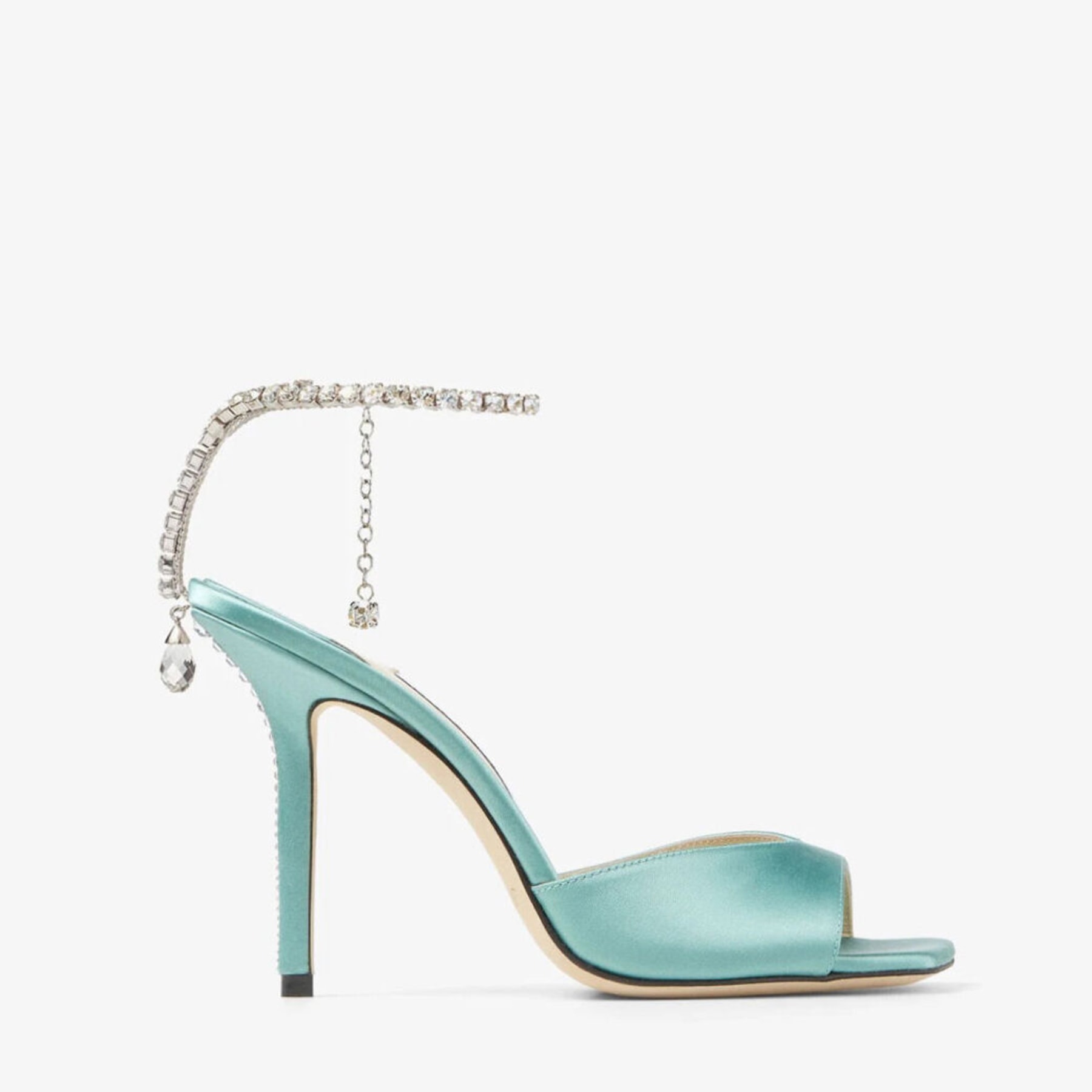 SAEDA SANDAL 100 Smoke Green Satin Sandals with Crystal Chain