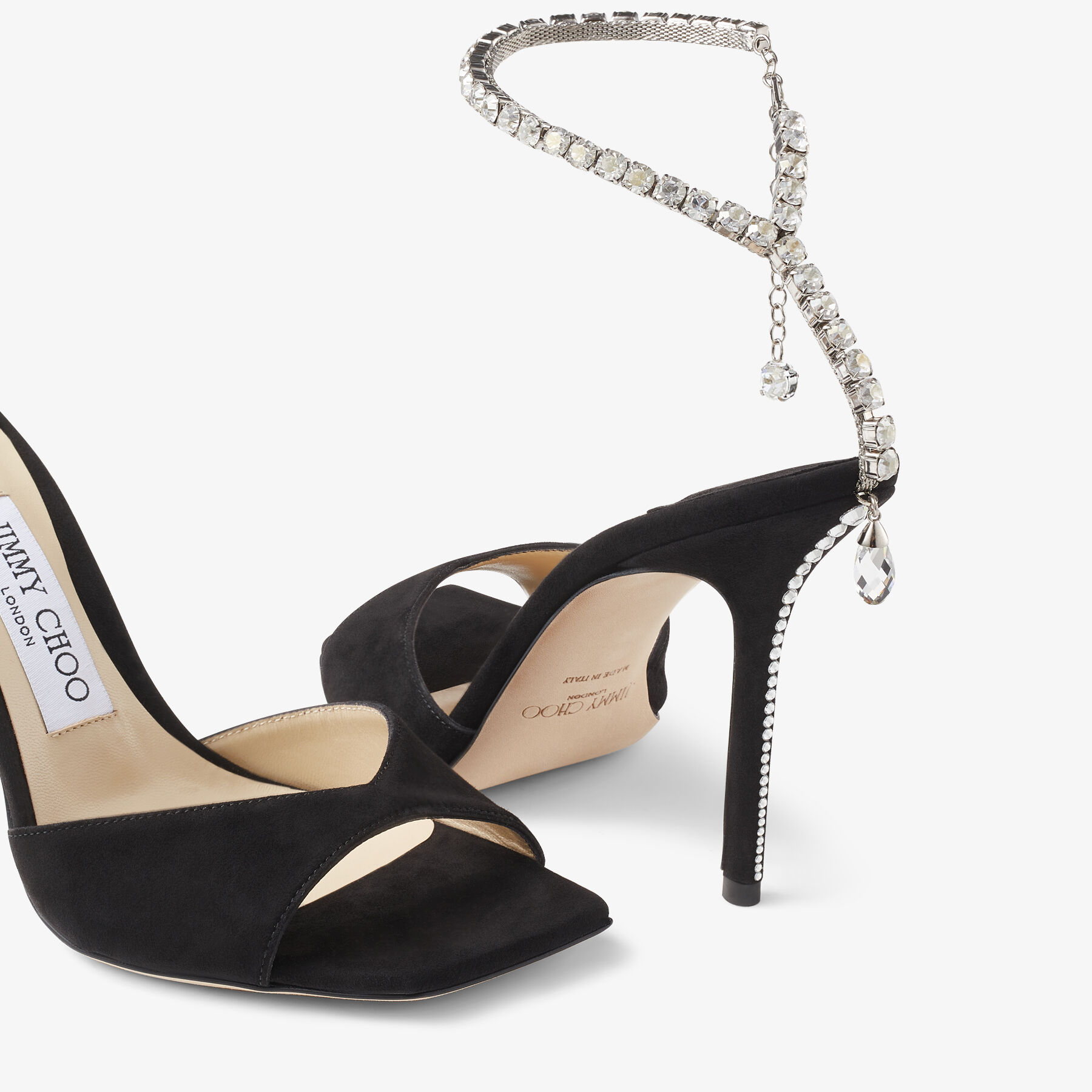 SAEDA SANDAL 100 | Black Suede Sandals with Crystal Embellishment ...