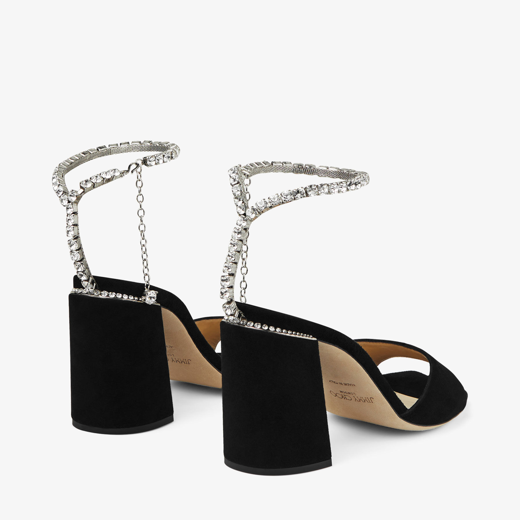 SAEDA SANDAL/BH 85, Black Suede Sandals with Swarovski Crystal Chain, New  Collection