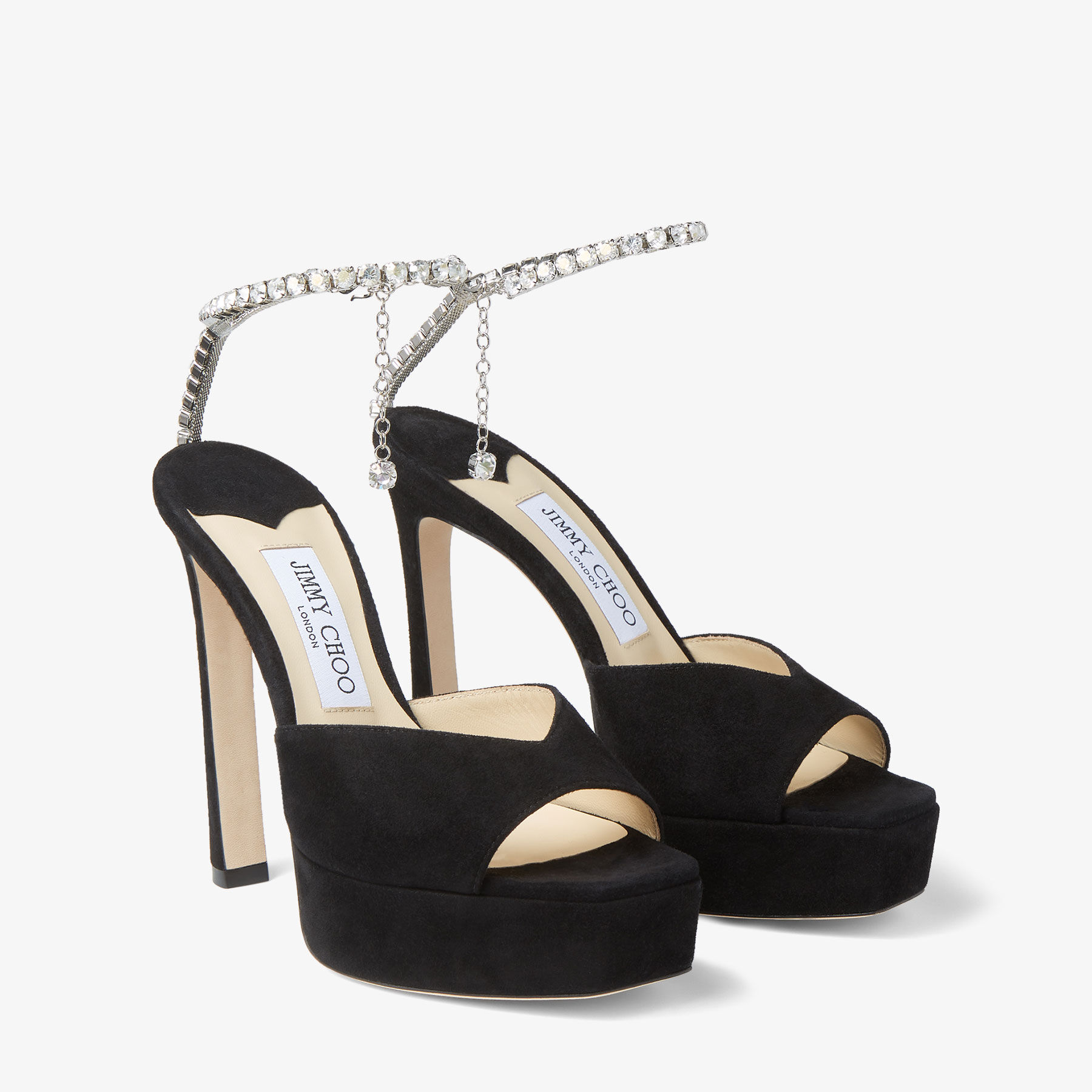 SAEDA SANDAL PF 125 Black Suede Platform Sandals with Crystal