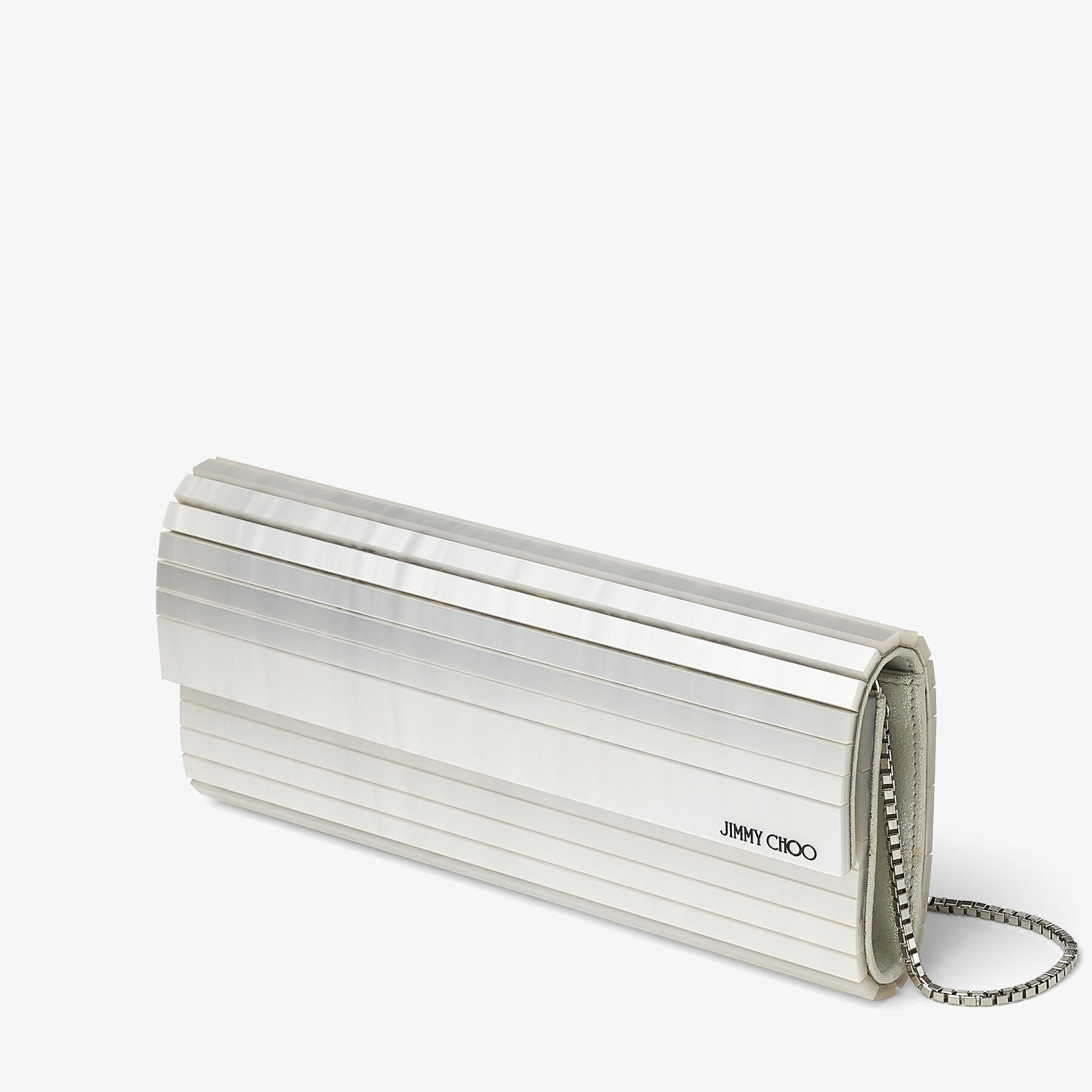 Ivory Mother of Pearl Clutch Bag with Silver Chain Strap SWEETIE Autumn Winter 2020 JIMMY CHOO US