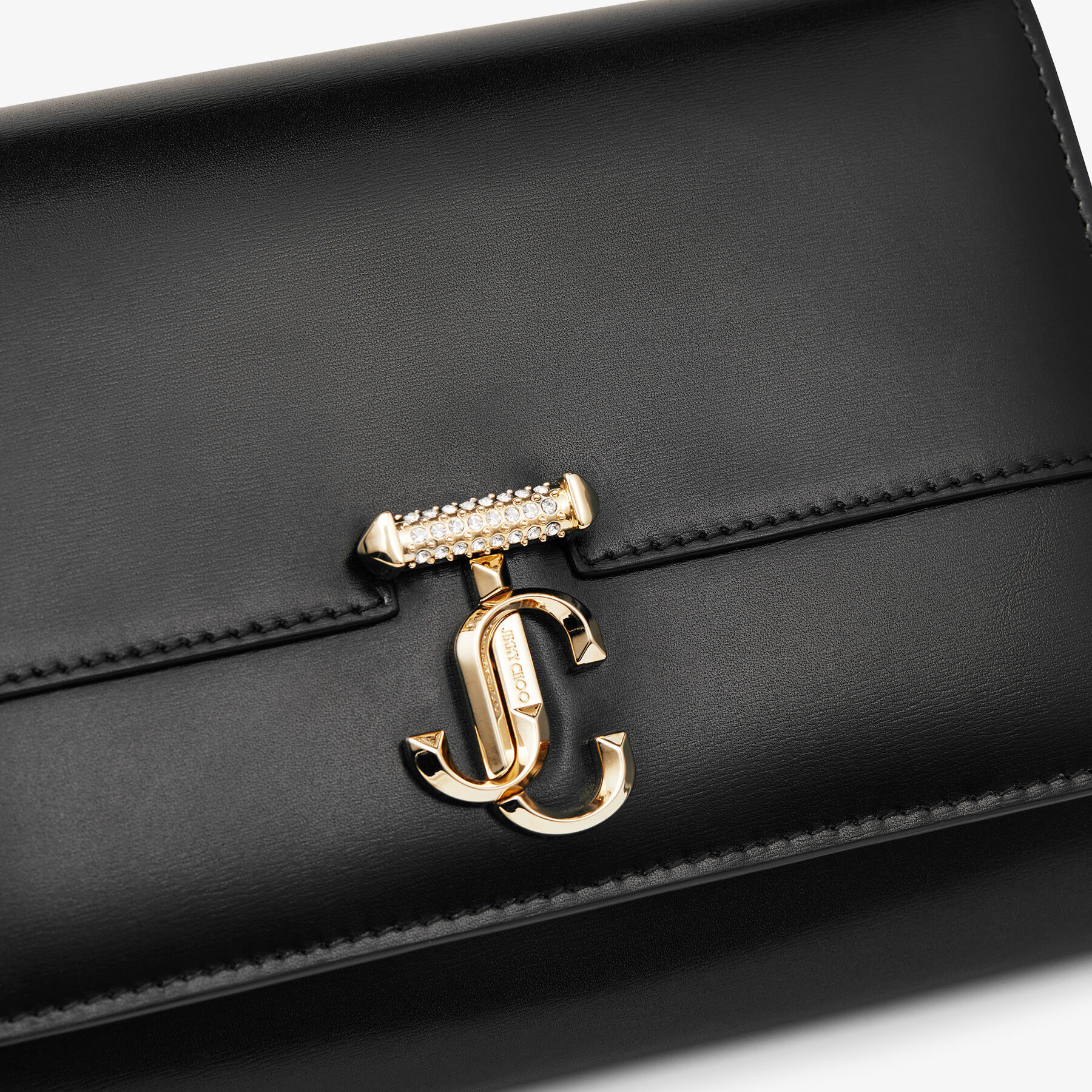 Black Box Leather Clutch Bag with Crystal-Embellished Light Gold