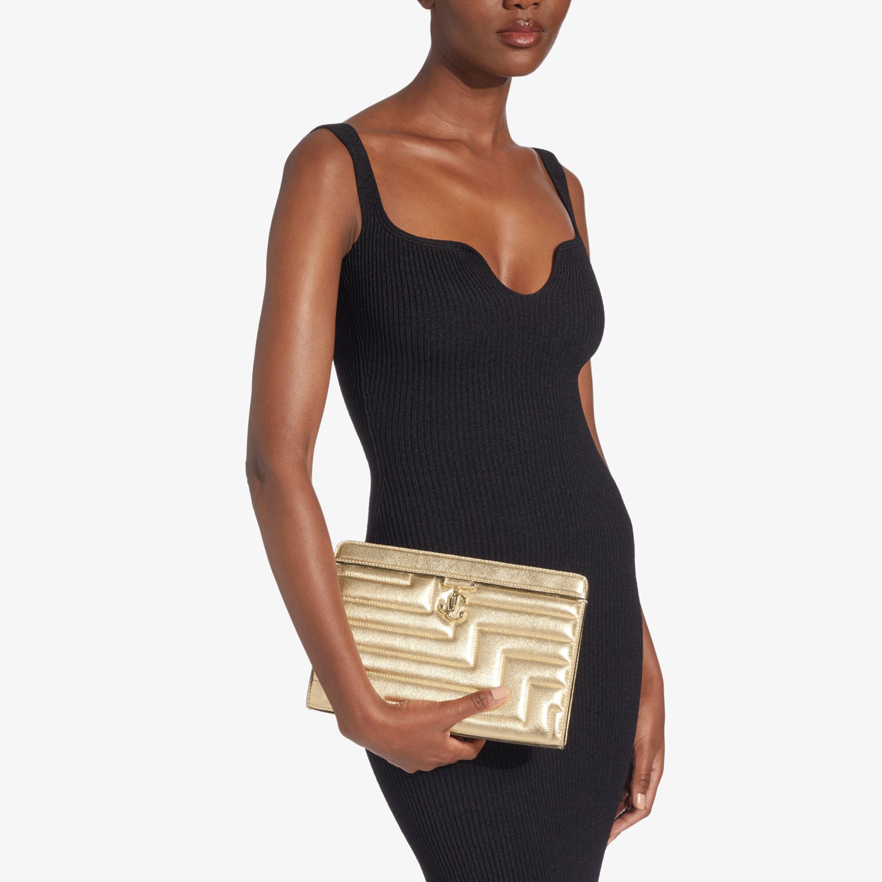 Gold Quilted Metallic Nappa Leather Pouch Bag with Light Gold JC