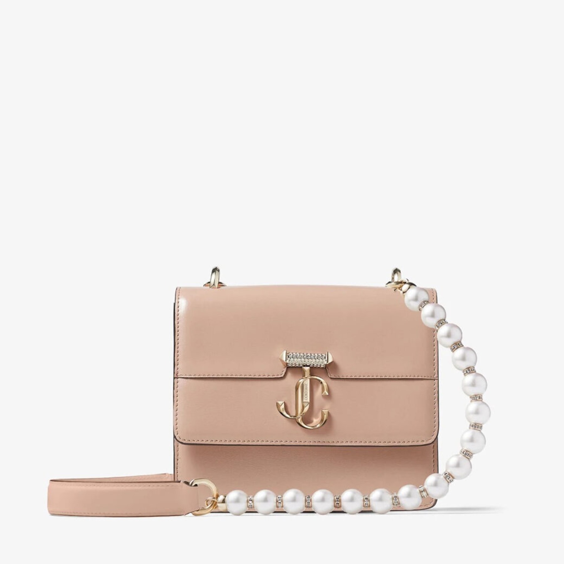 Ballet Pink Box Leather Shoulder Bag with Pearl Strap | AVENUE 