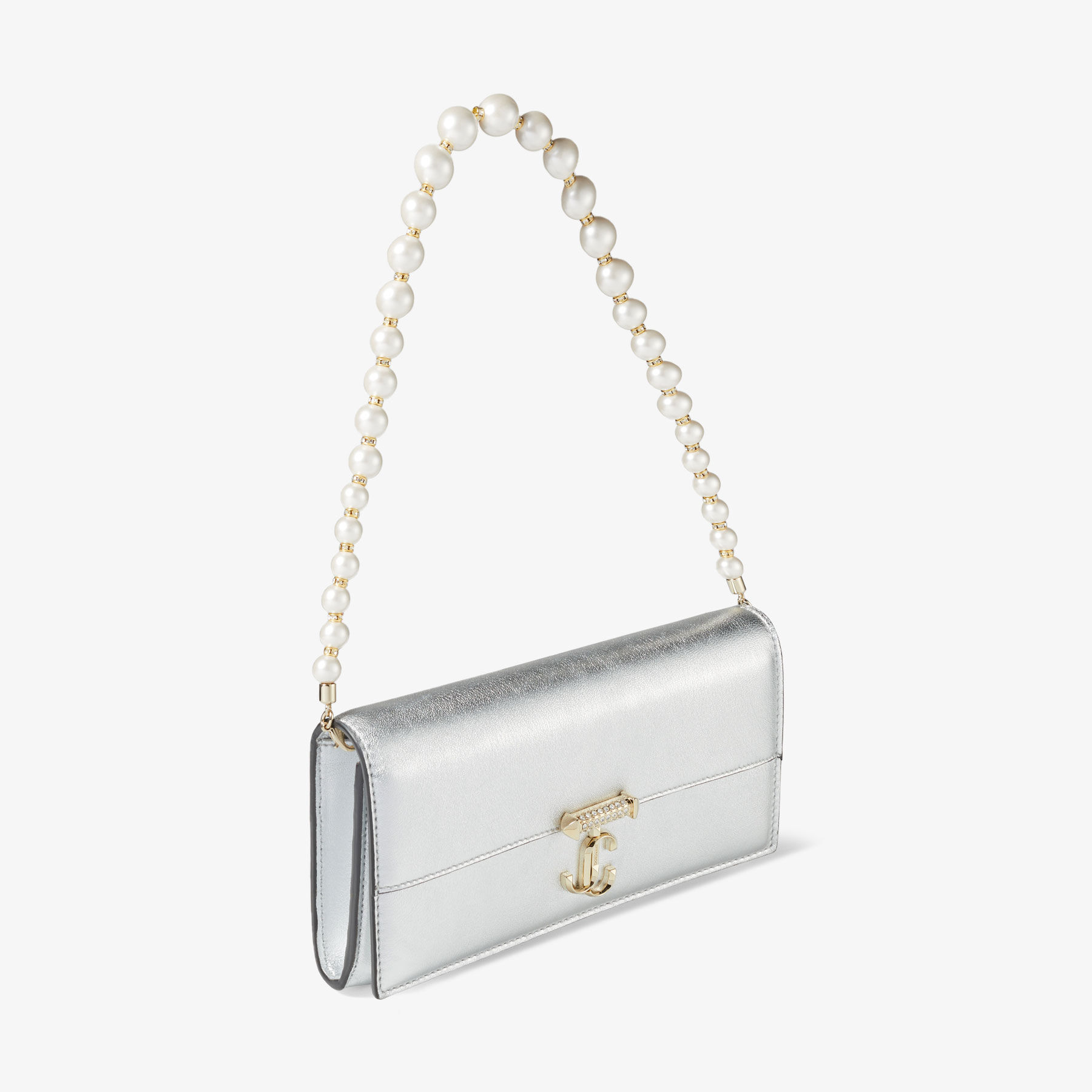 AVENUE WALLET CHAIN Silver Metallic Nappa Leather Wallet with Pearl Strap Summer Collection JIMMY CHOO