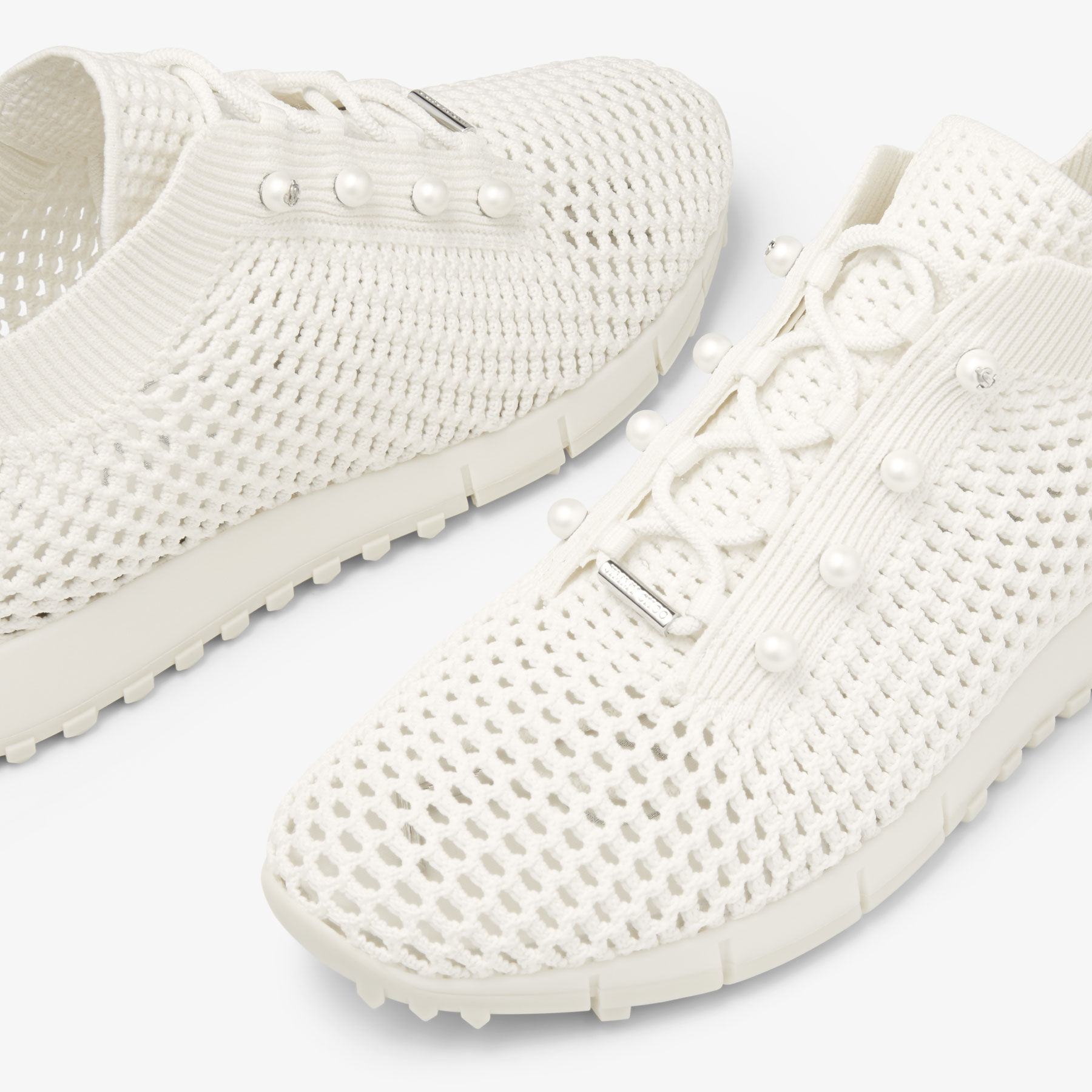 Veles | Latte Crochet Knit Low-Top Trainers with Pearls | JIMMY CHOO