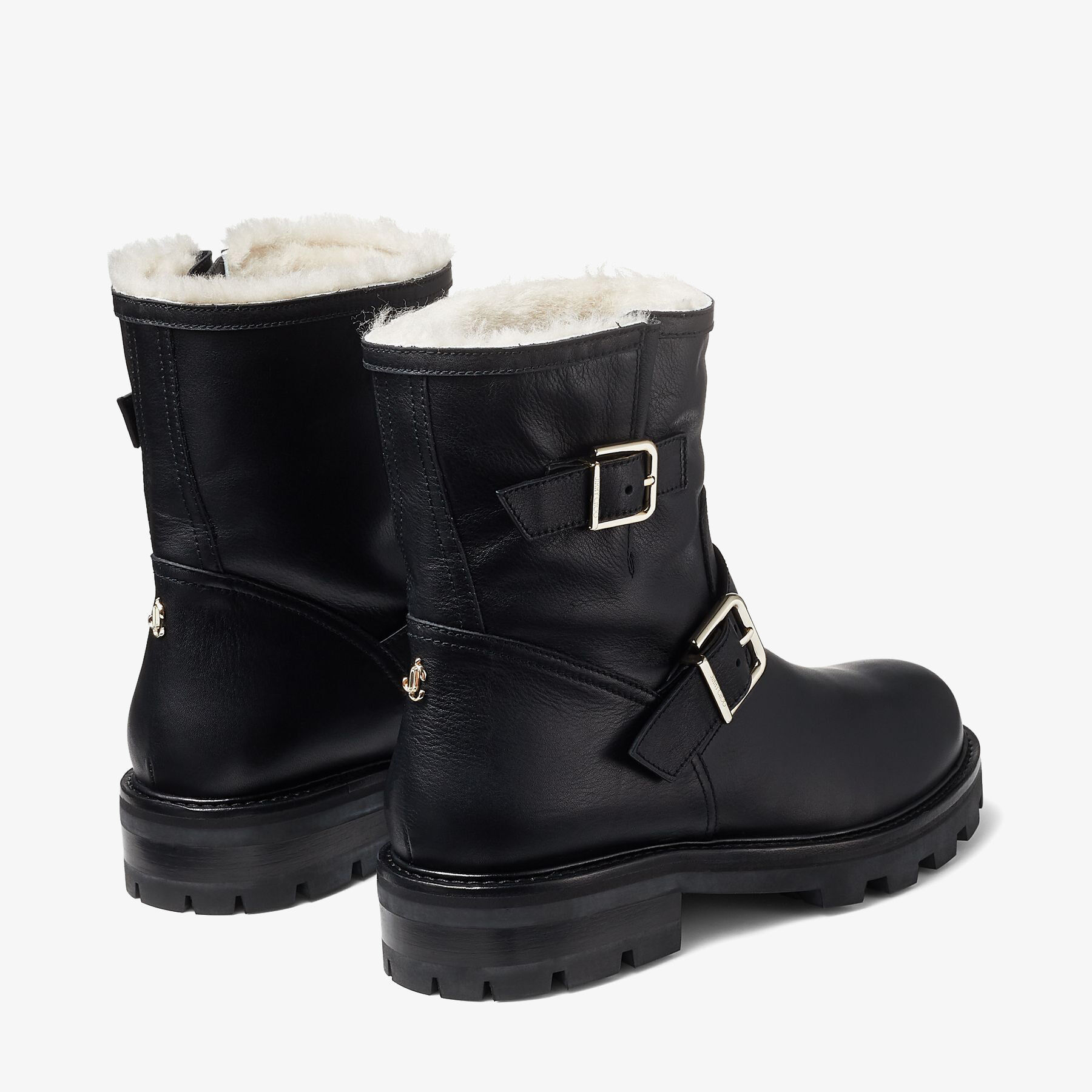 Black Smooth Leather Biker Boots with Gold Buckles and Shearling