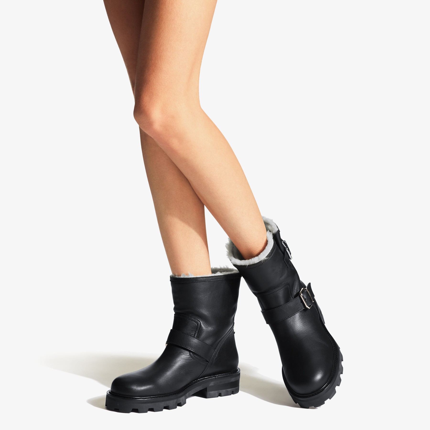 Black Smooth Leather Biker Boots with Gold Buckles and
