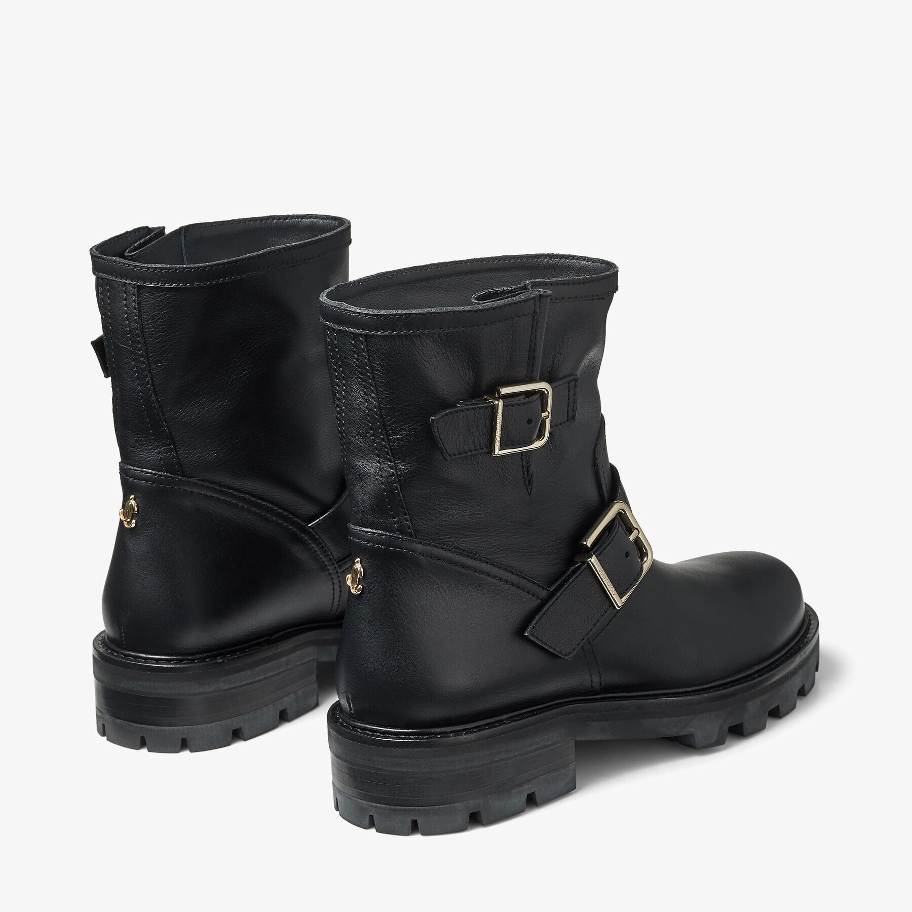 Black Smooth Leather Biker Boots with Gold Buckles | YOUTH