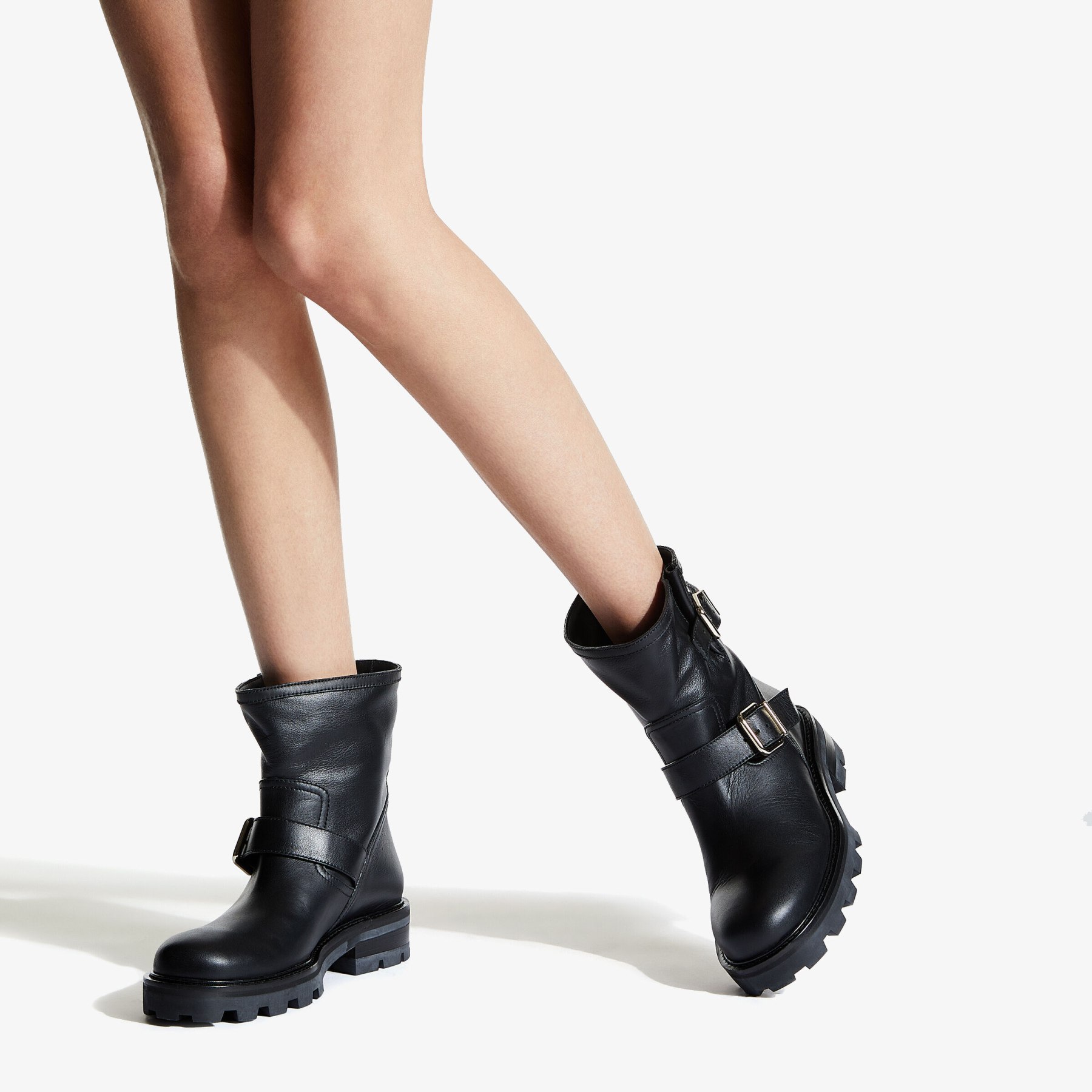 Black Smooth Leather Biker Boots with Gold Buckles | YOUTH II