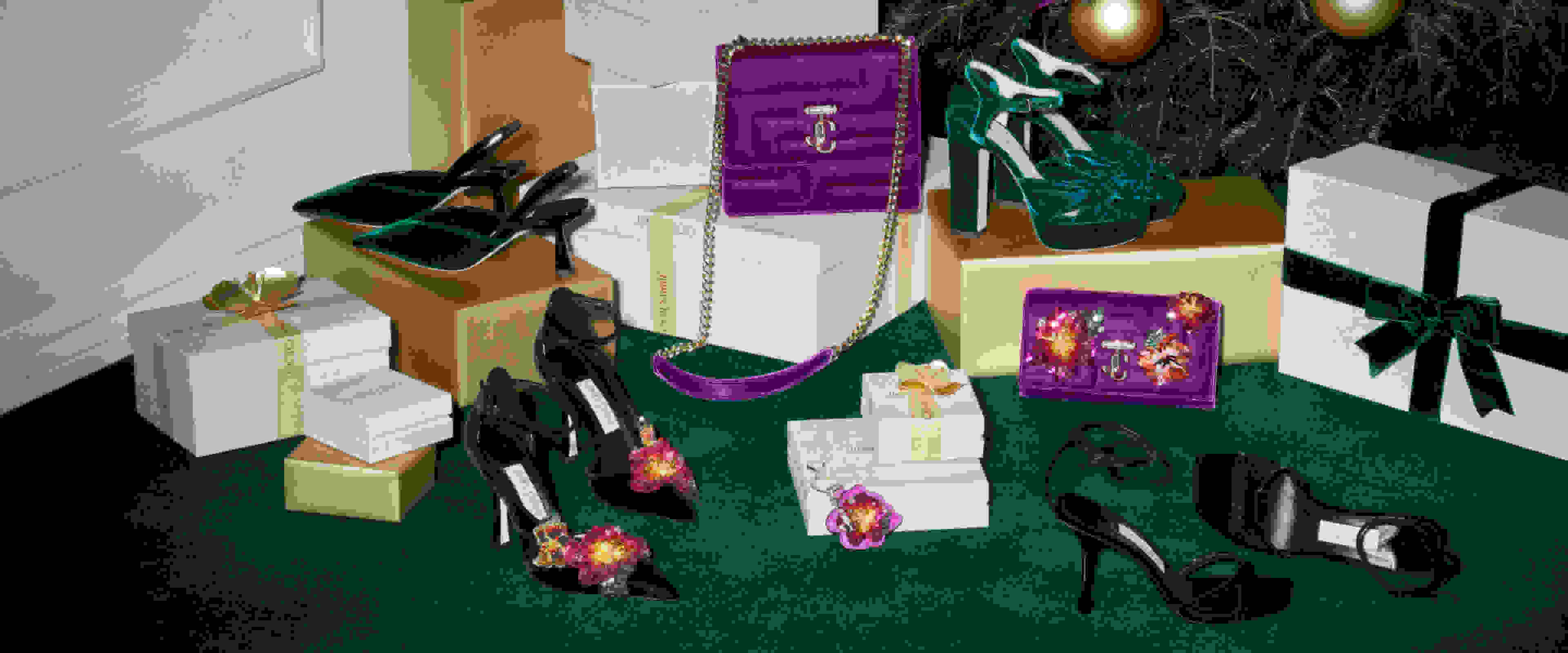Jimmy Choo Avenue handbags in black sequin and gold leather