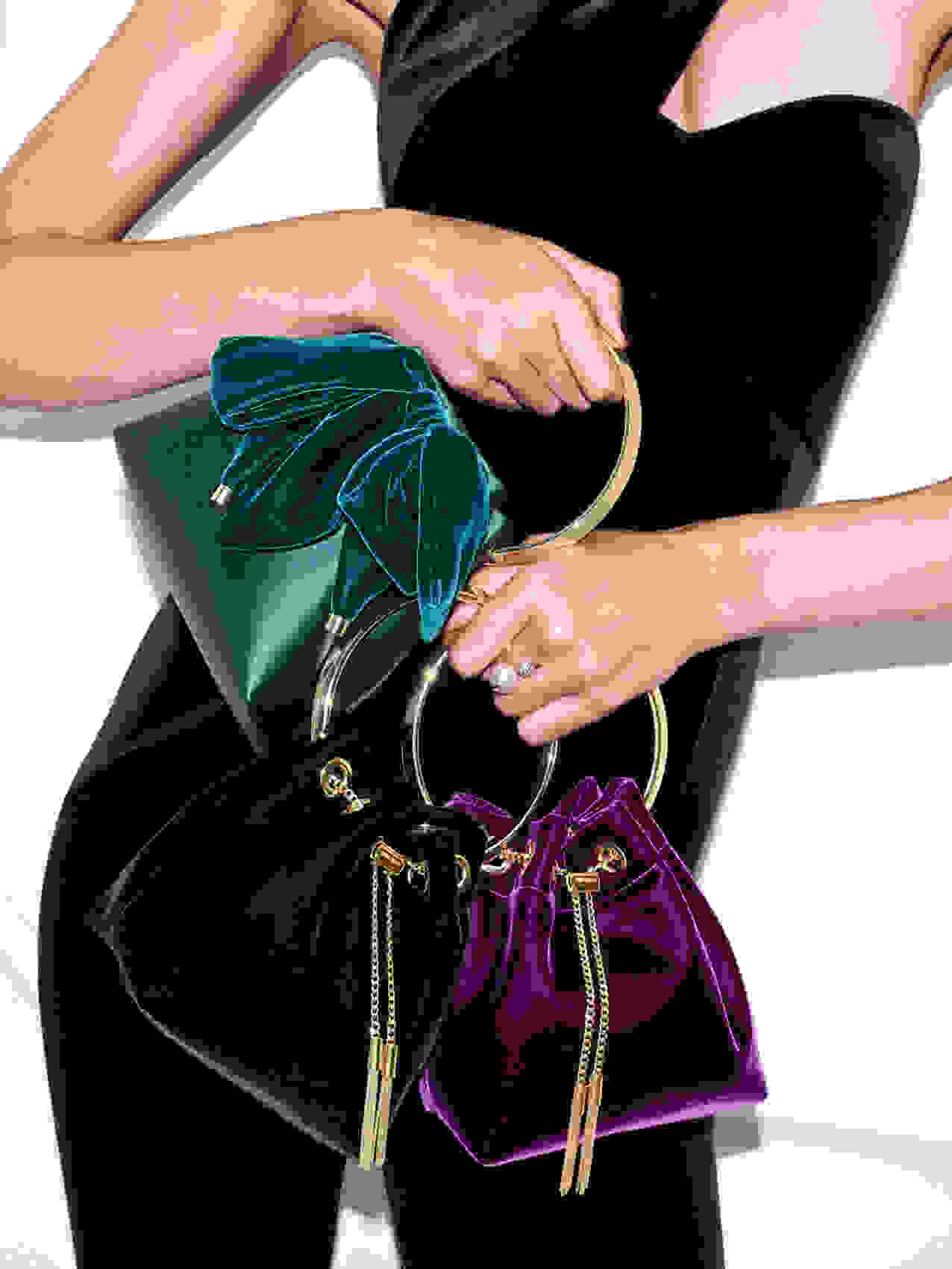Jimmy Choo Avenue handbags in black velvet and fuchsia tafeta floral embellishment