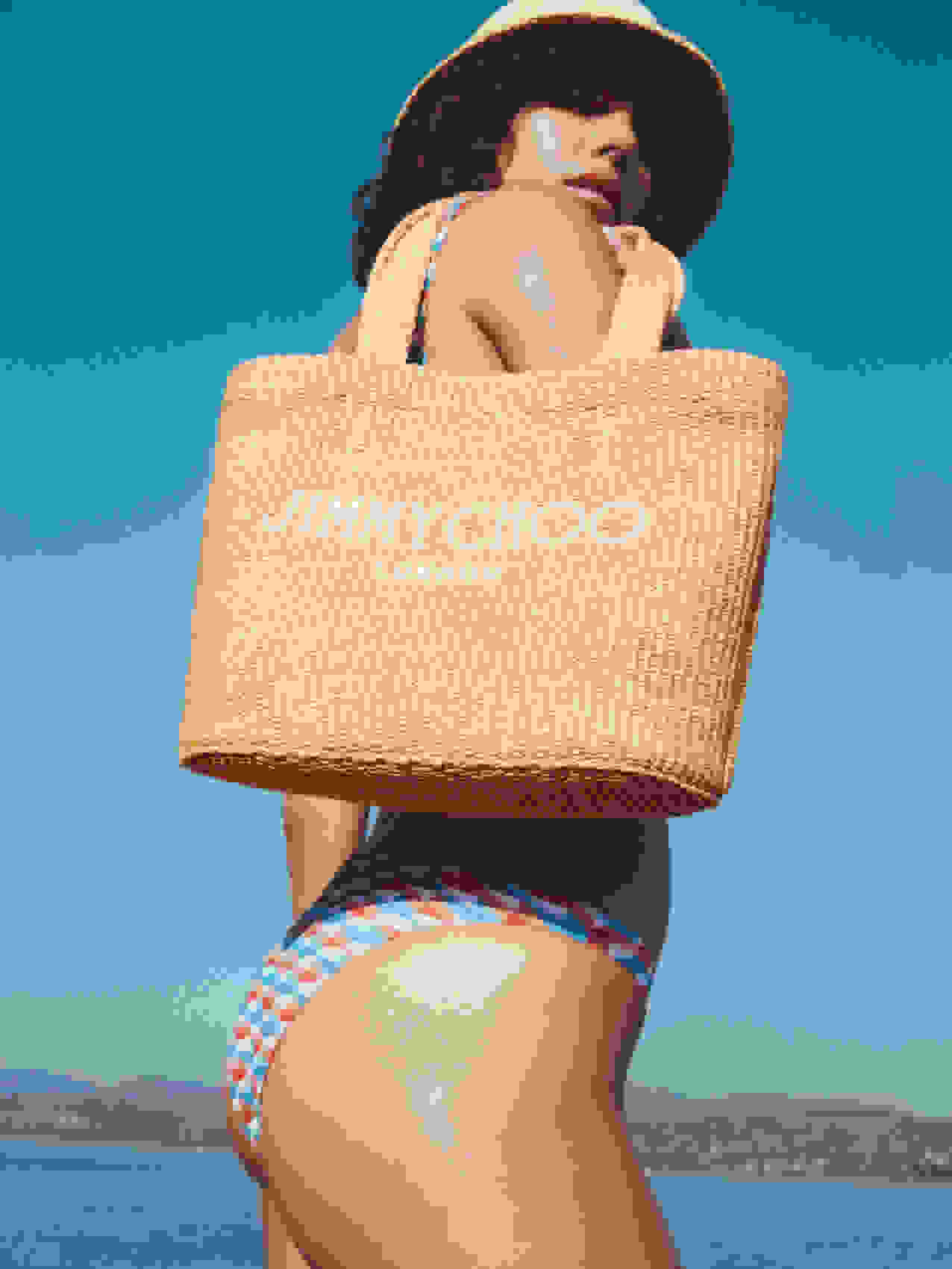 Jimmy Choo natural raffia embroidered beach tote bag