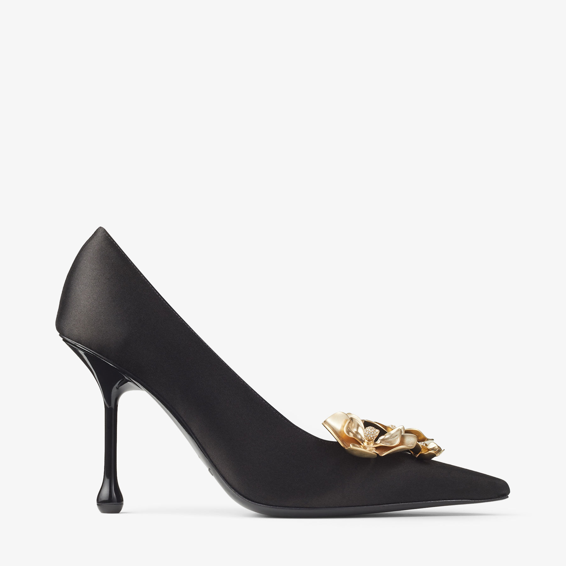 IXIA 95 | Black Satin Pumps with Flowers | New Collection | JIMMY CHOO