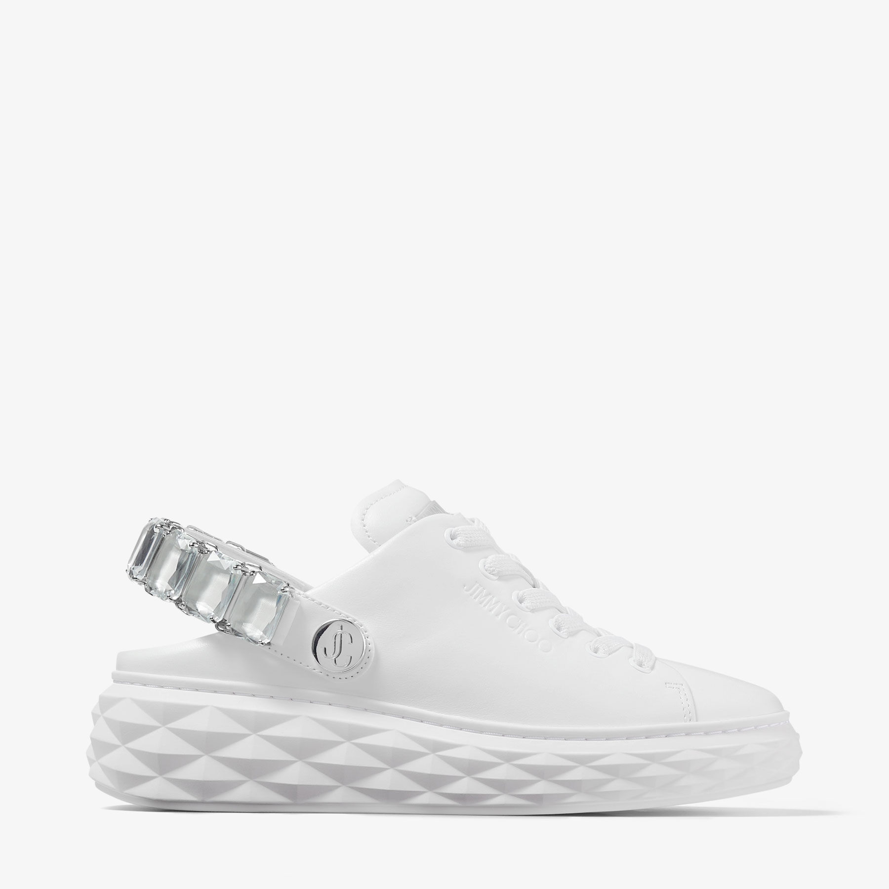 Diamond Sling | White Nappa Leather Slipper Trainers with Crystal 