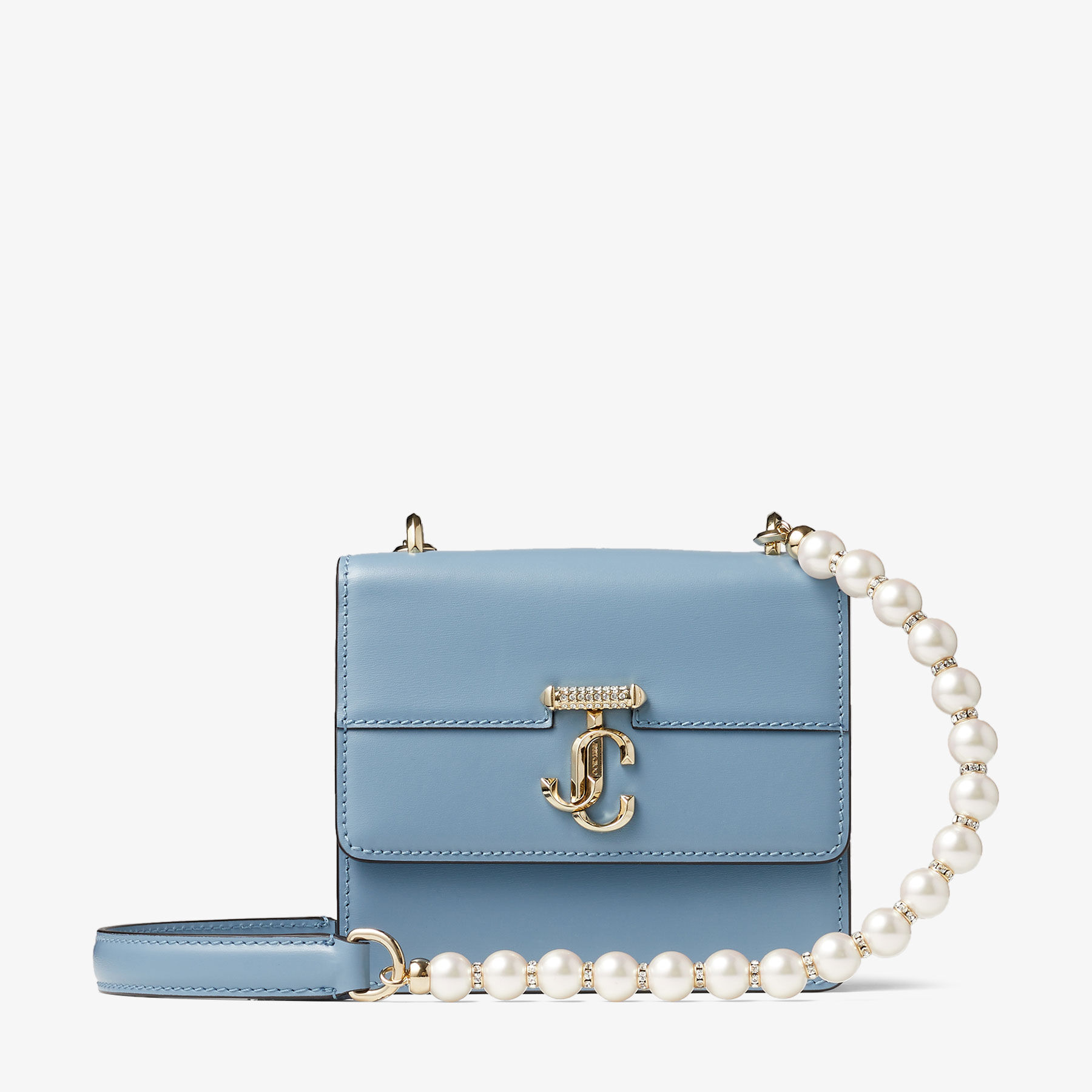 VARENNE SHOULDER/XS, Smoky Blue Box Leather Shoulder Bag with Pearl Strap, Spring 2023 collection