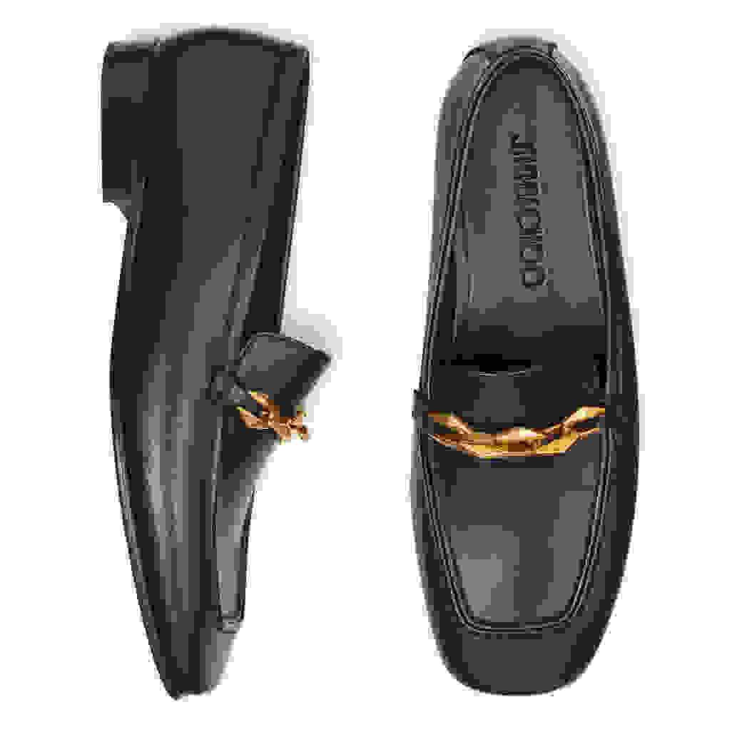 DIAMOND TILDA LOAFER Black Calf Leather Loafers with Chain