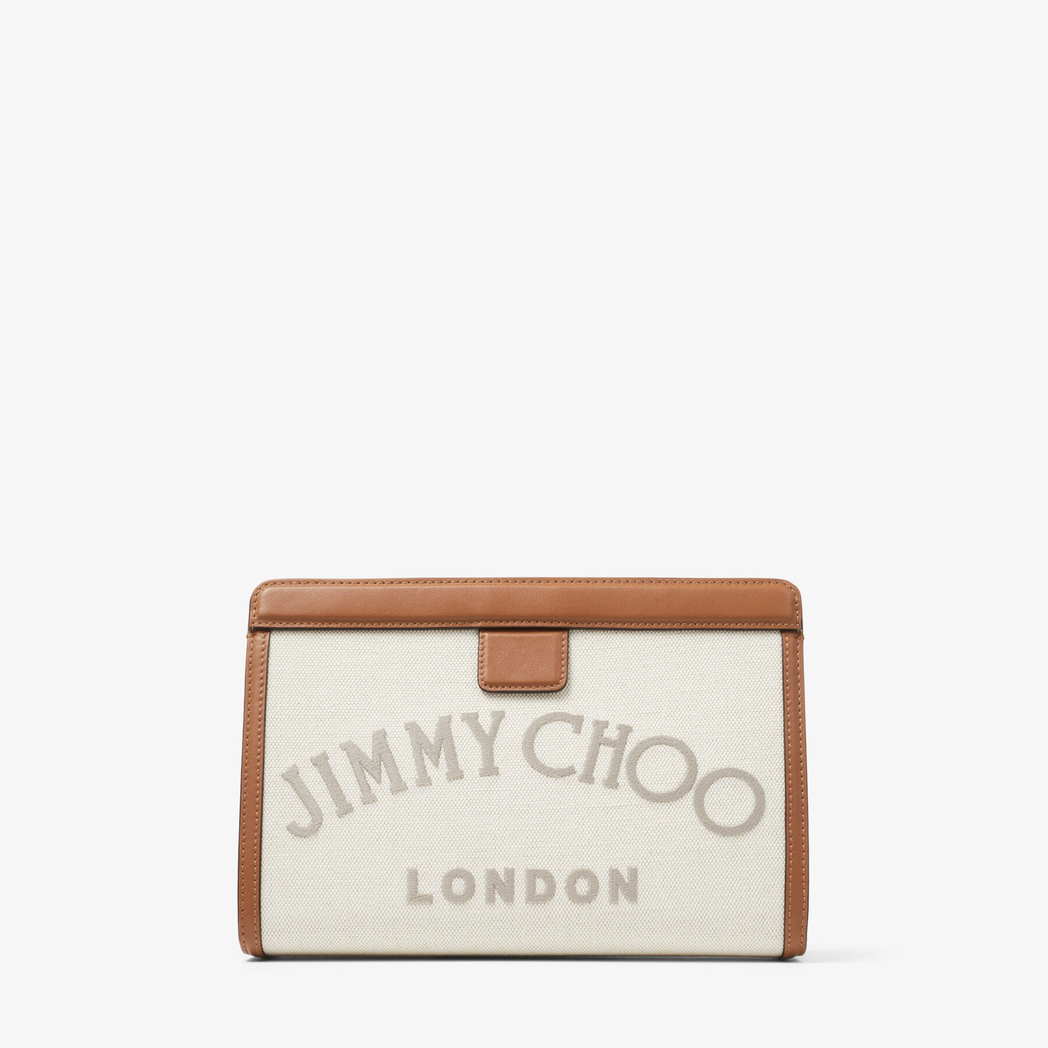 Jimmy Choo - Natural Recycled Cotton Canvas and Dark Tan Soft Shiny Calf Leather Logo Pouch Bag