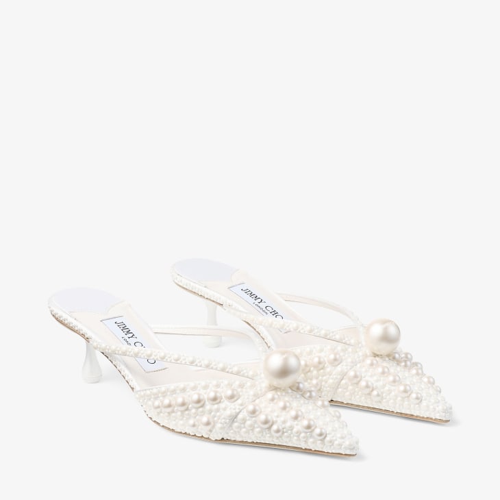 Tomato JIMMY CHOO ホワイトパールサンダル35 FAYENCE SANDAL | パール付き Latte スムースレザー・フラット