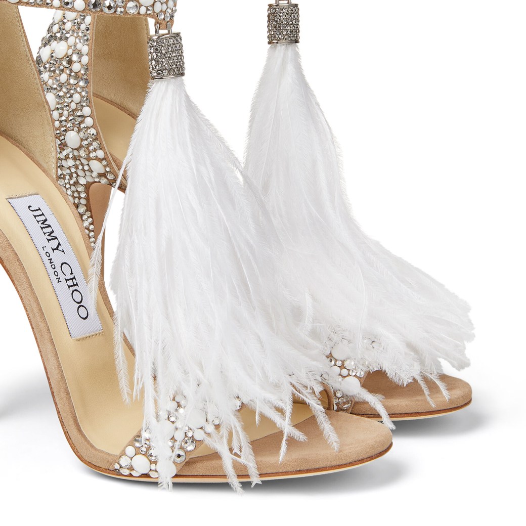 White Suede and Hot Fix Crystal Embellished Sandals with an Ostrich Feather  Tassel | Viola 110 | Cruise '16 | JIMMY CHOO