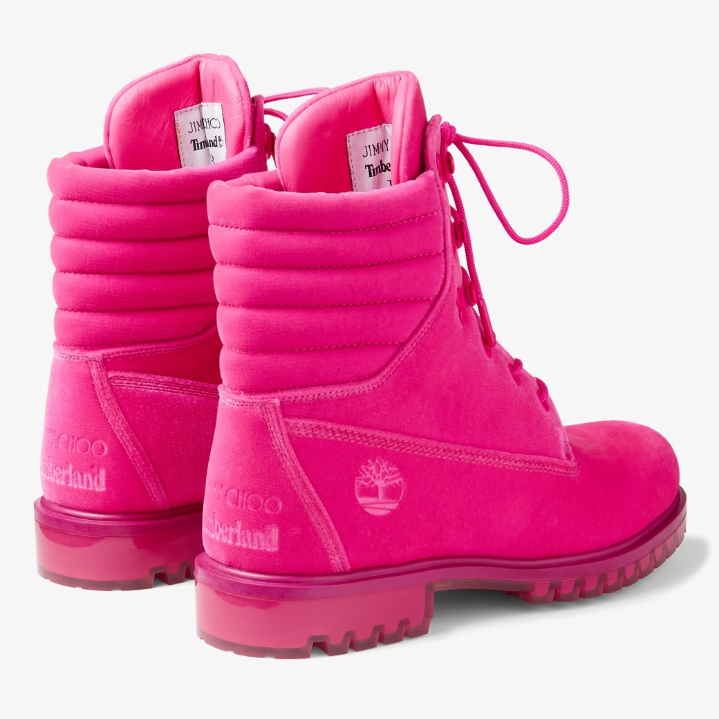 Hot Pink Timberland ベルベット・アンクルブーツ JIMMY CHOO JP X TIMBERLAND 8 INCH