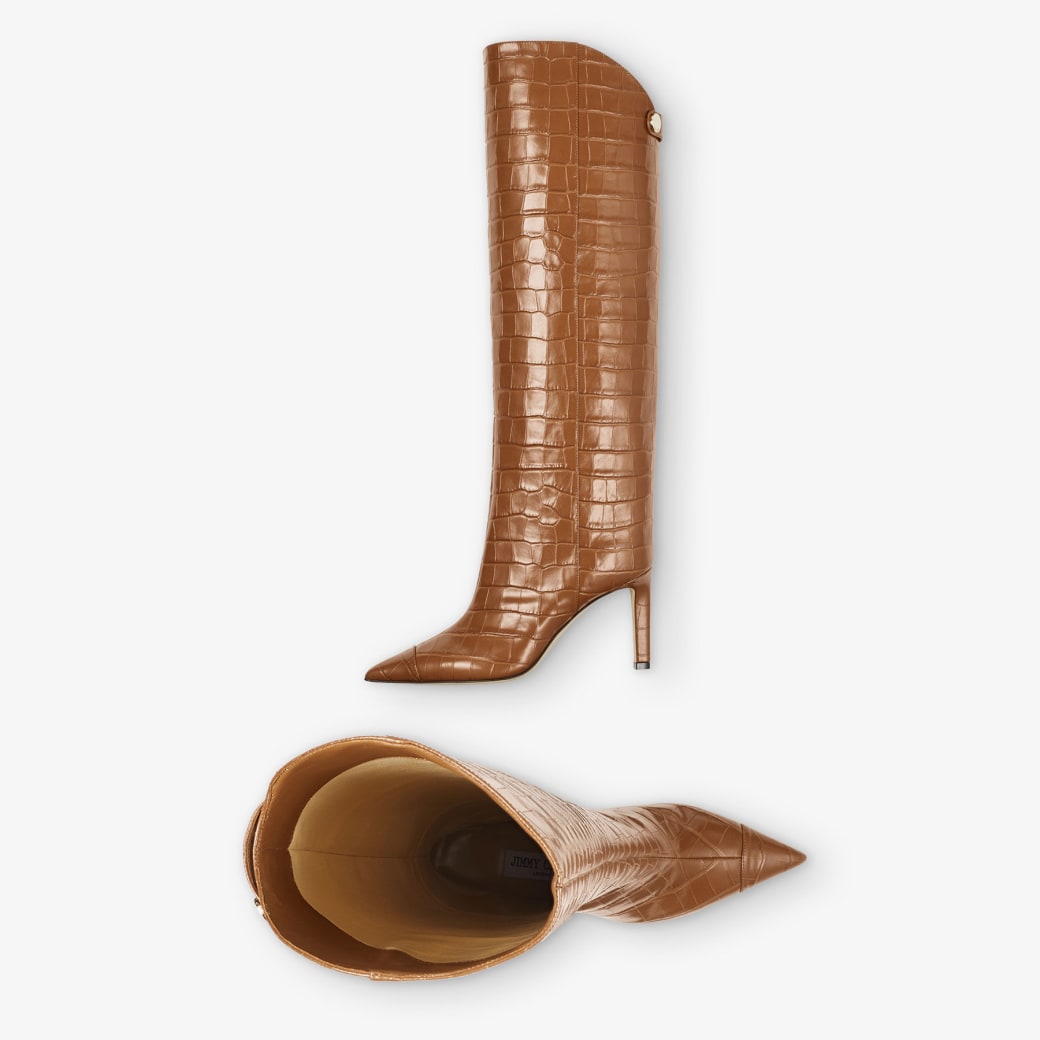 ロングブーツ JIMMY CHOO AZZIE KB 85 CROC EMBOSSED LONG BOOTS ALIZZE KB 85 | Tan Croc-Embossed Leather Knee-High Boots