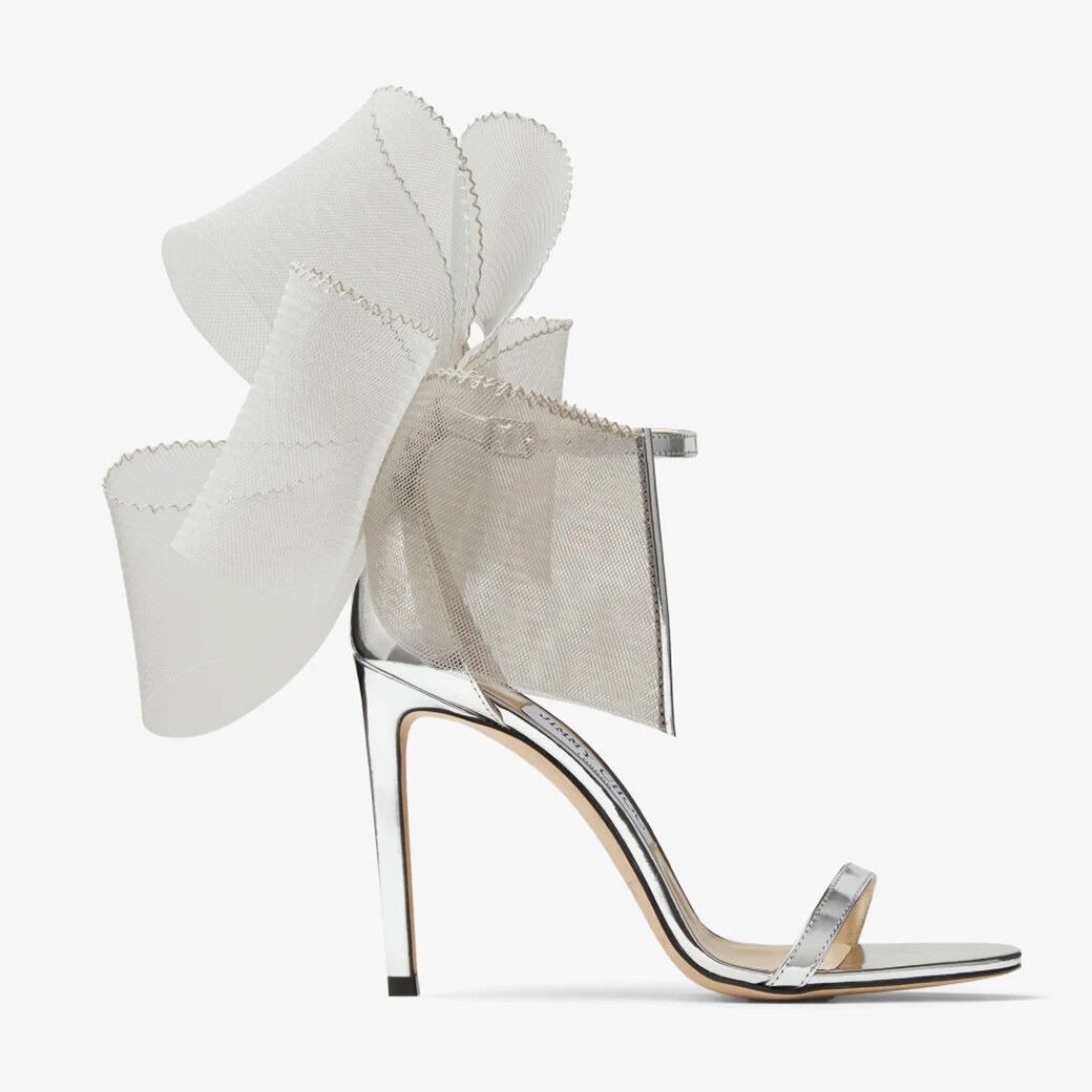 AVELINE 100 | Silver Sandals with Asymmetric Grosgrain Mesh