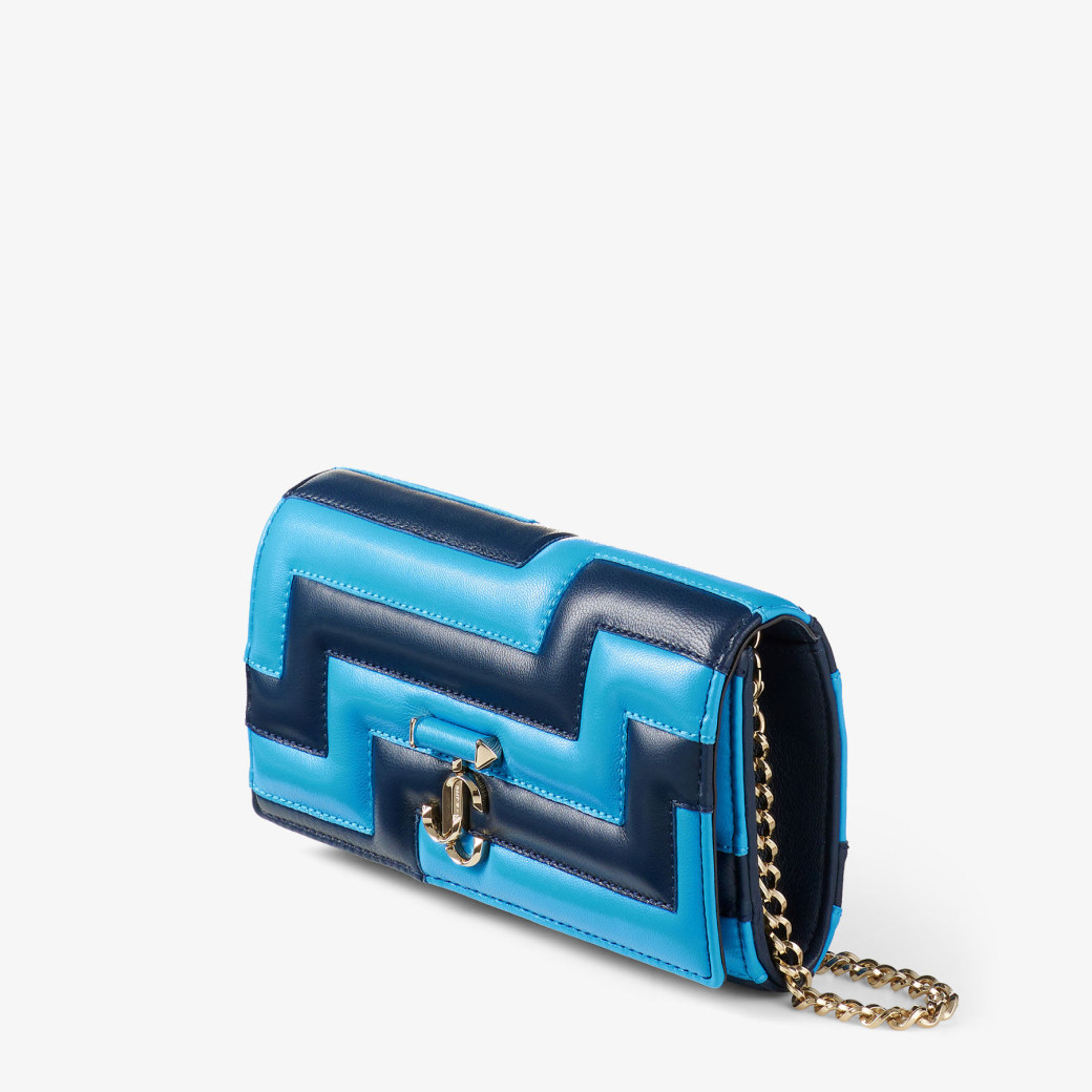 Jimmy Choo Avenue Wallet Chain 長財布 ネイビー/スカイ AVENUE WALLET/CHAIN | Black Leather Wallet with Pearl Strap