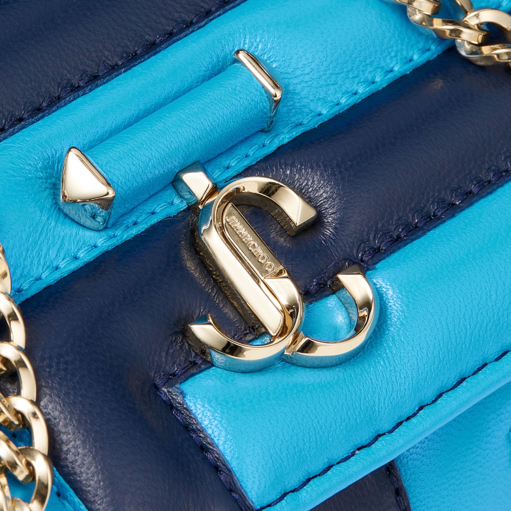 Jimmy Choo Avenue Wallet Chain 長財布 ネイビー/スカイ AVENUE WALLET/CHAIN | Black Leather Wallet with Pearl Strap