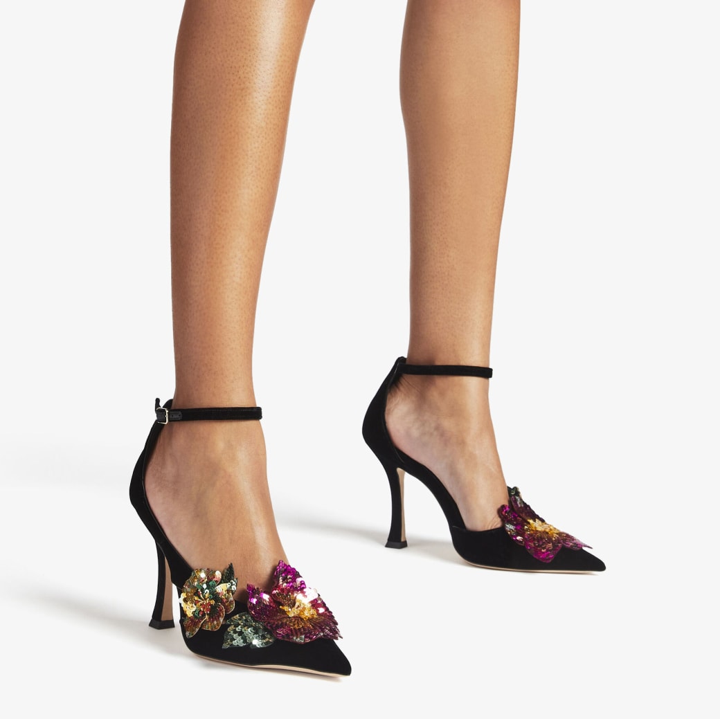 AZARA 100 | Black Velvet Pumps with Sequin Flowers | New