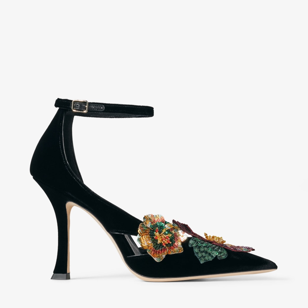 AZARA 100 | Black Velvet Pumps with Sequin Flowers | New