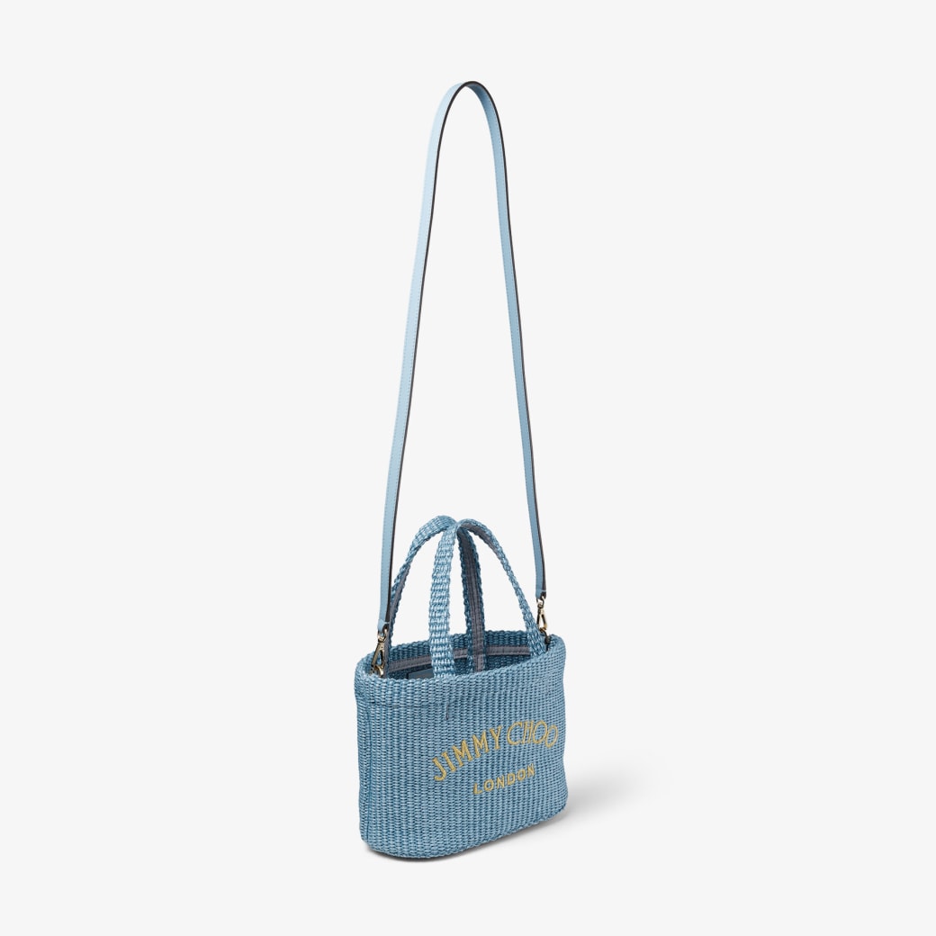 Smoky Blue Raffia Mini Tote Bag with Jimmy Choo Embroidery